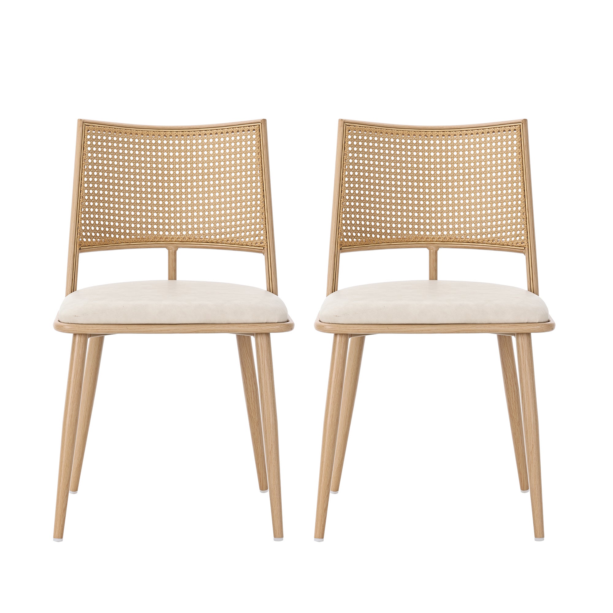 Lot de 2 chaises de salle à manger sans accoudoirs - Siège en cuir PU, dossier en rotin et pieds en métal - 50 x 48 x 80 cm - Beige - 6