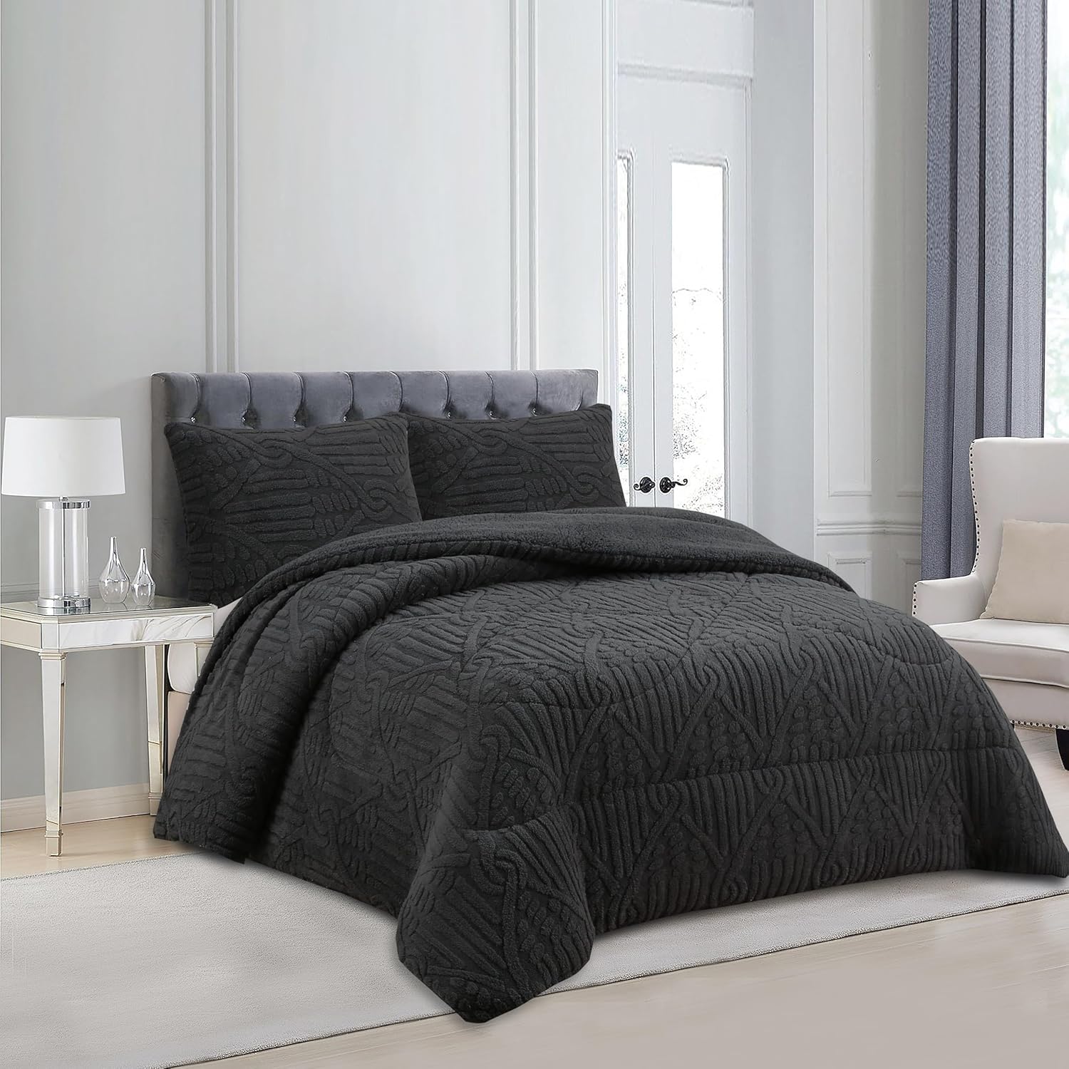 Haradeco manta sherpa para cama con fundas almohada, edredón borreguito terciopelo gruesa abriga(jacquard gris oscuro, 230x250cm)