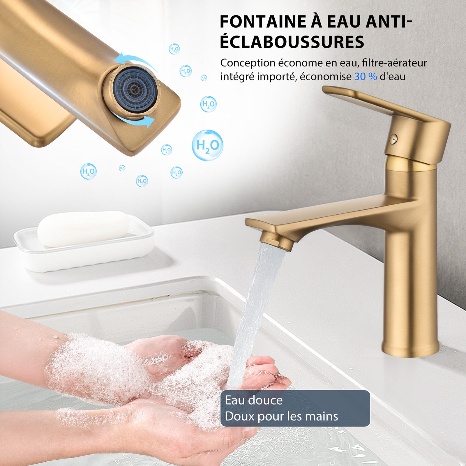 Mitigeur Lavabo Doré en Laiton avec Levier Unique, Robinet Salle de Bain Eau Chaude et Froide pour Lave-Mains - 6