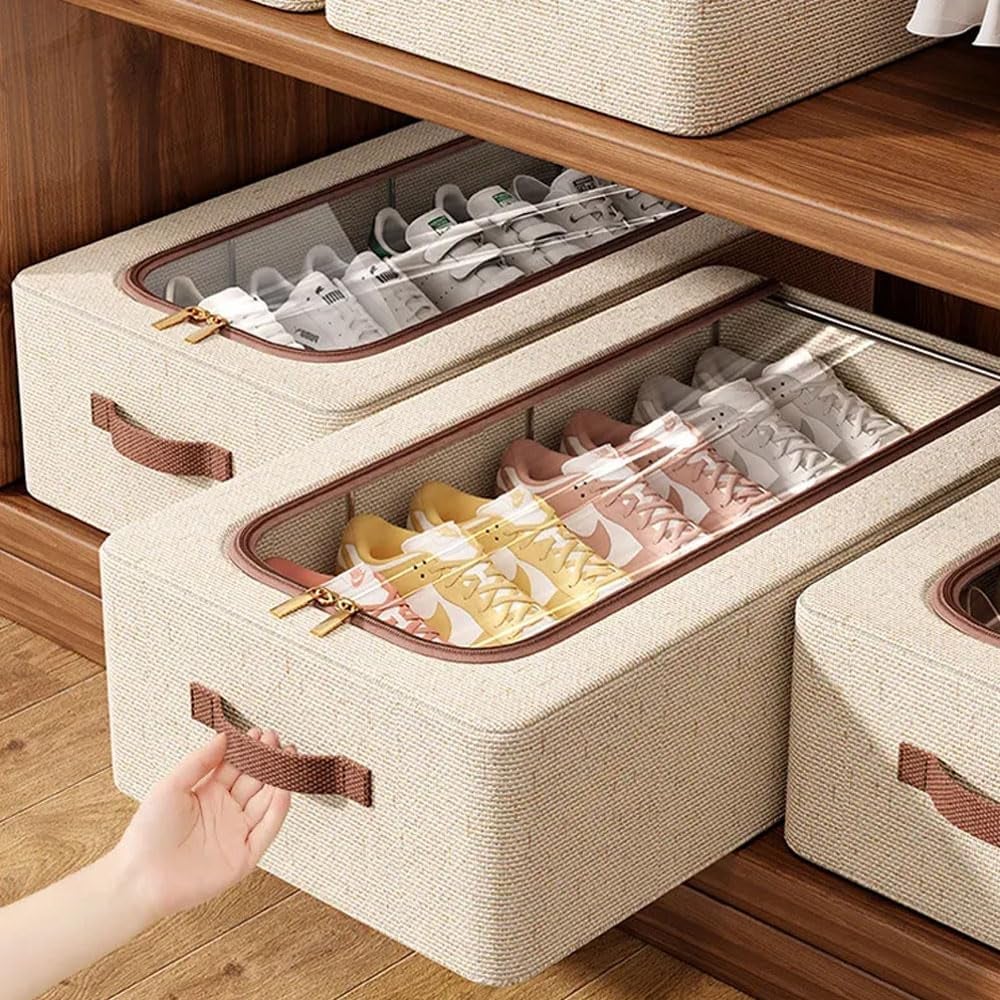 Boîte De Rangement Pliable En Tissu Oxford Avec 16 Séparateurs - Organiseur Chaussures 43.9x44.5x32 Cm Beige