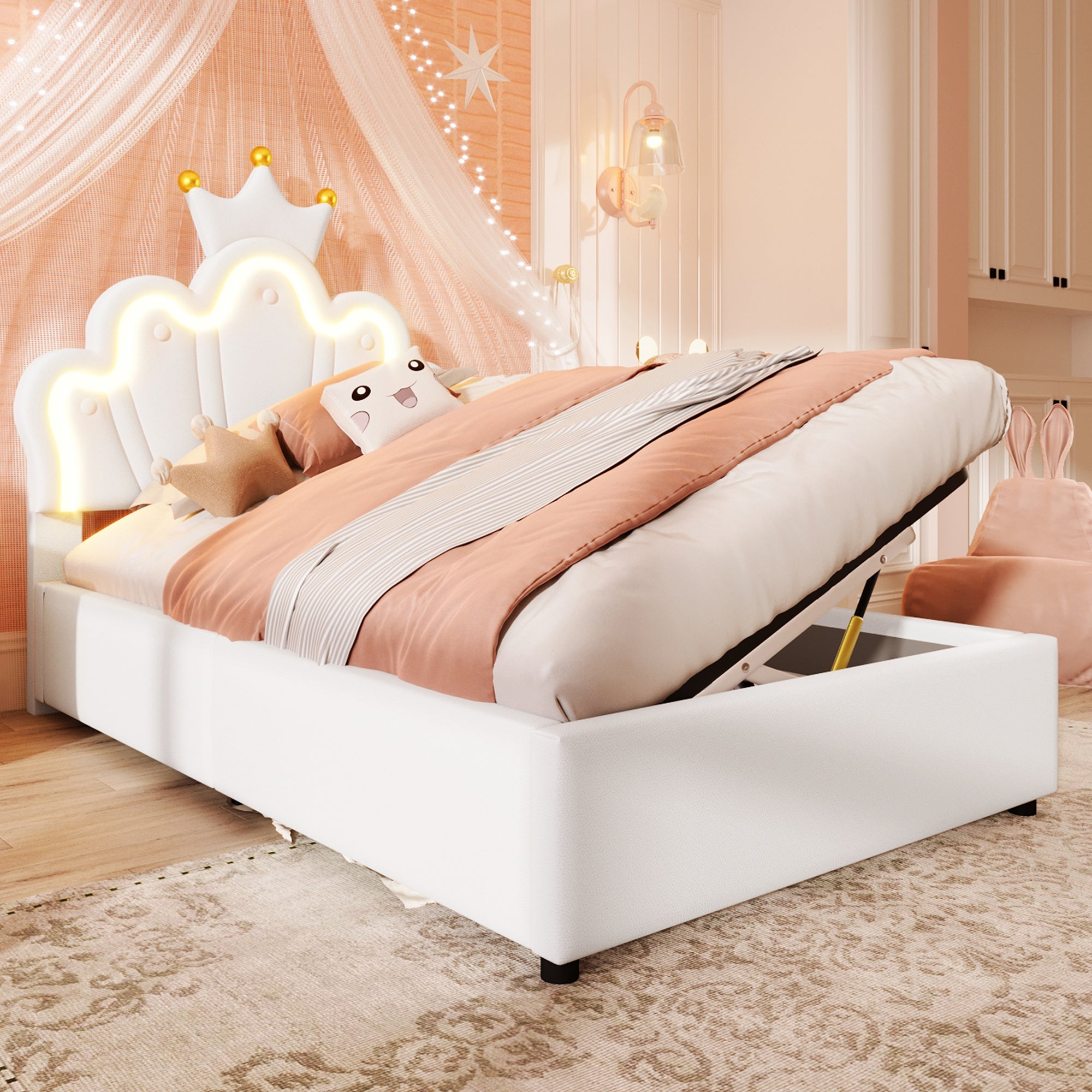 Lit coffre 90 x 200 cm avec tête de lit réglable en forme de couronne - Cuir PU - LEDs - Blanc (sans matelas) - 6