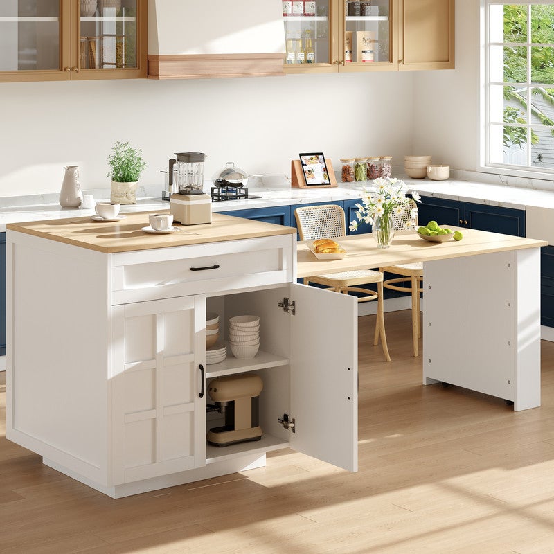 Table a Manger Extensible avec Espace de Rangement, Desserte Cuisine avec Deux tiroirs et Quatre Compartiments,Blanc(133-202×70×93,5cm) - 2