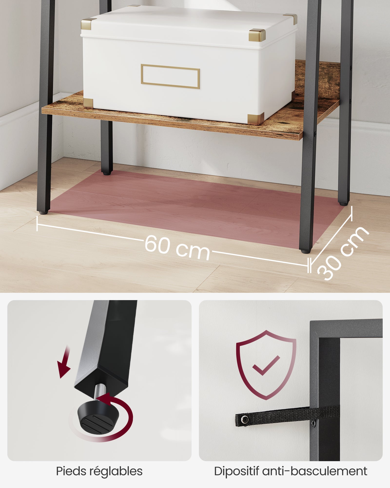 Étagère Échelle, Bibliothèque à 5 Niveaux, Meuble de Rangement sur Pieds, Facile à Assembler, Style Industriel, Marron Rustique et Noir - 6
