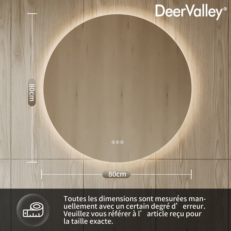 Miroir de Salle de Bain LED Rond DeerValley 80x80cm - Rétroéclairage Dimmable, Antibuée, Incassable, Bluetooth, 3 Températures - 2