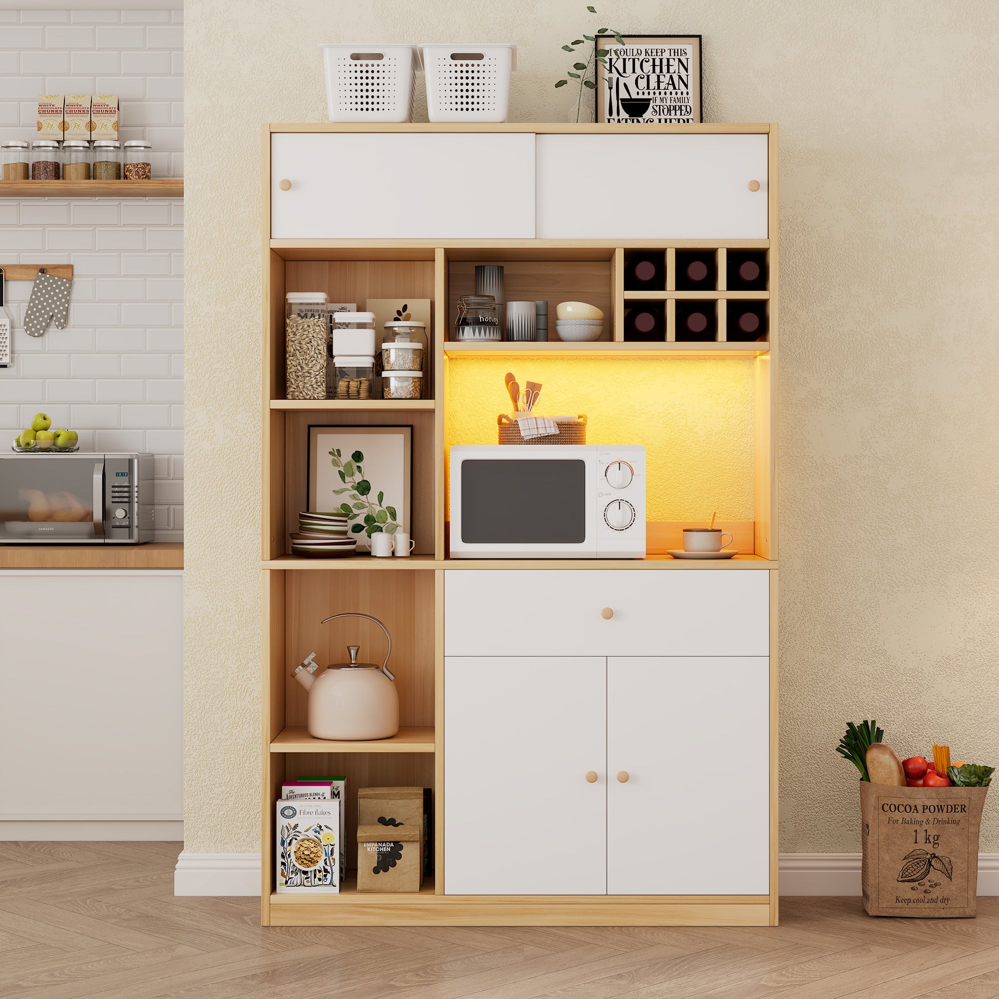 Kredens kuchenny z 4 drzwiami, 1 szufladą, regałem na wino i półkami - 115 x 35 x 180 cm - diody LED - Płyta wiórowa - Biały + naturalny - 8