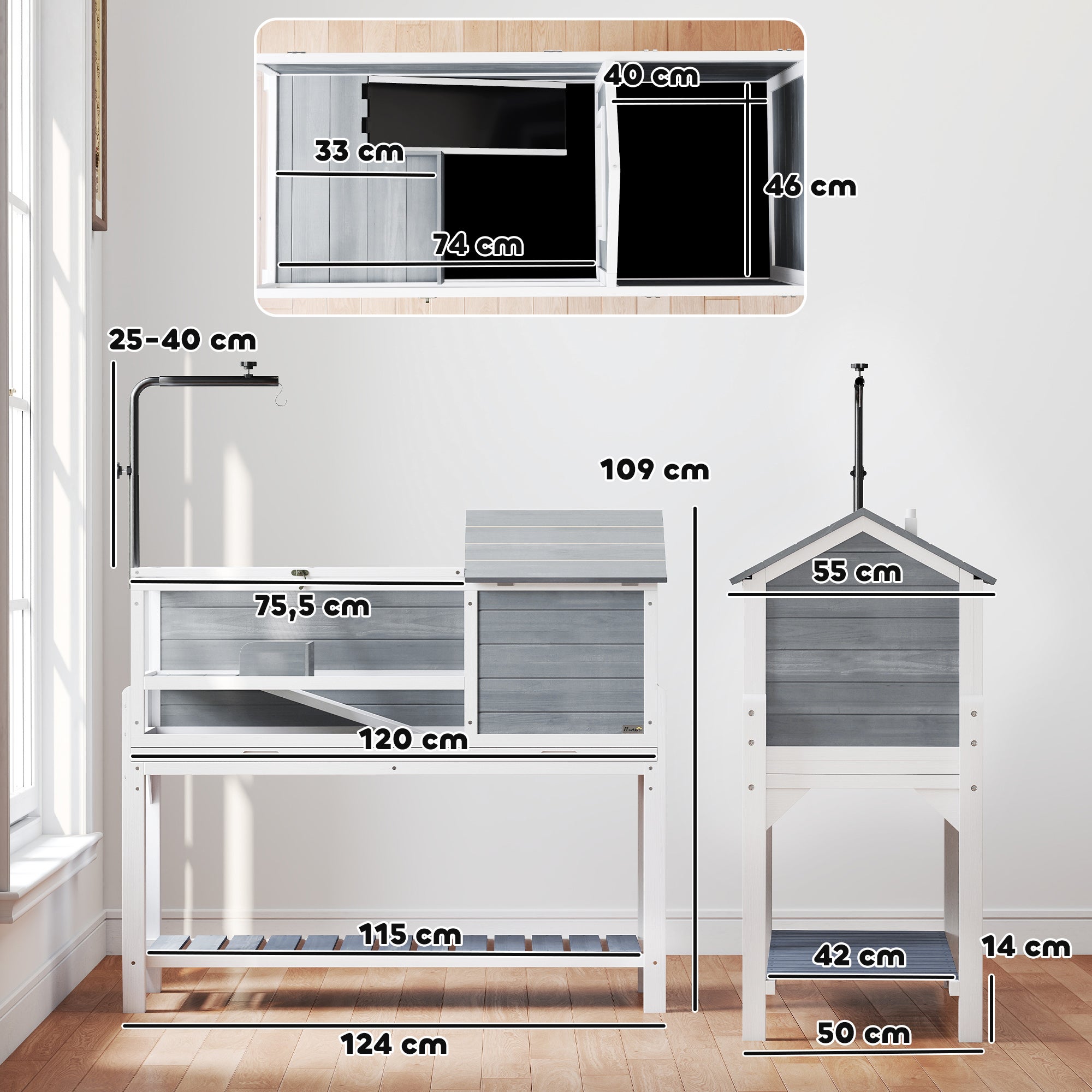 Terrário para Tartarugas 124x55x109cm com Suporte Lâmpada Ajustável Bandeja Removível Branco Cinza - 2