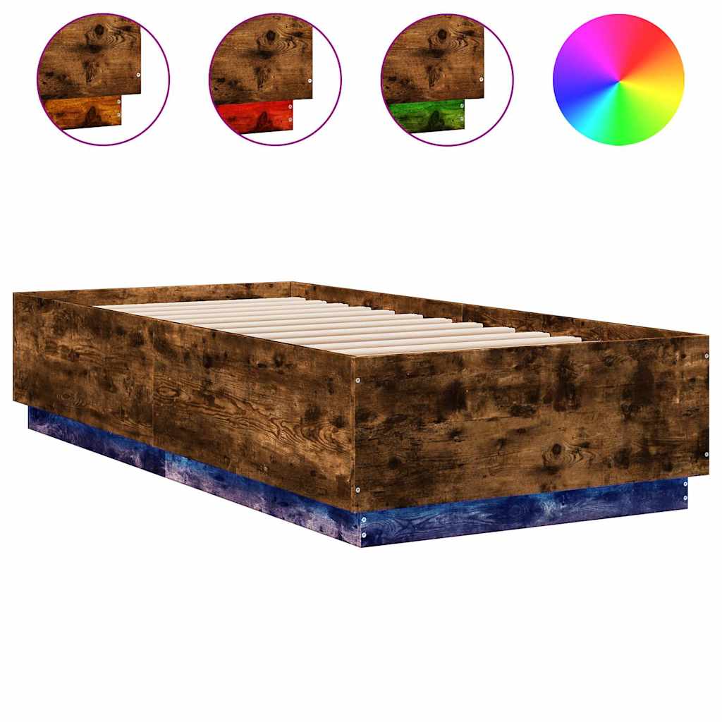 Łóżko Brązowe Rama Łóżka Ze Stelażem Łóżko Do Sypialni Pokoju LED 100x200 cm