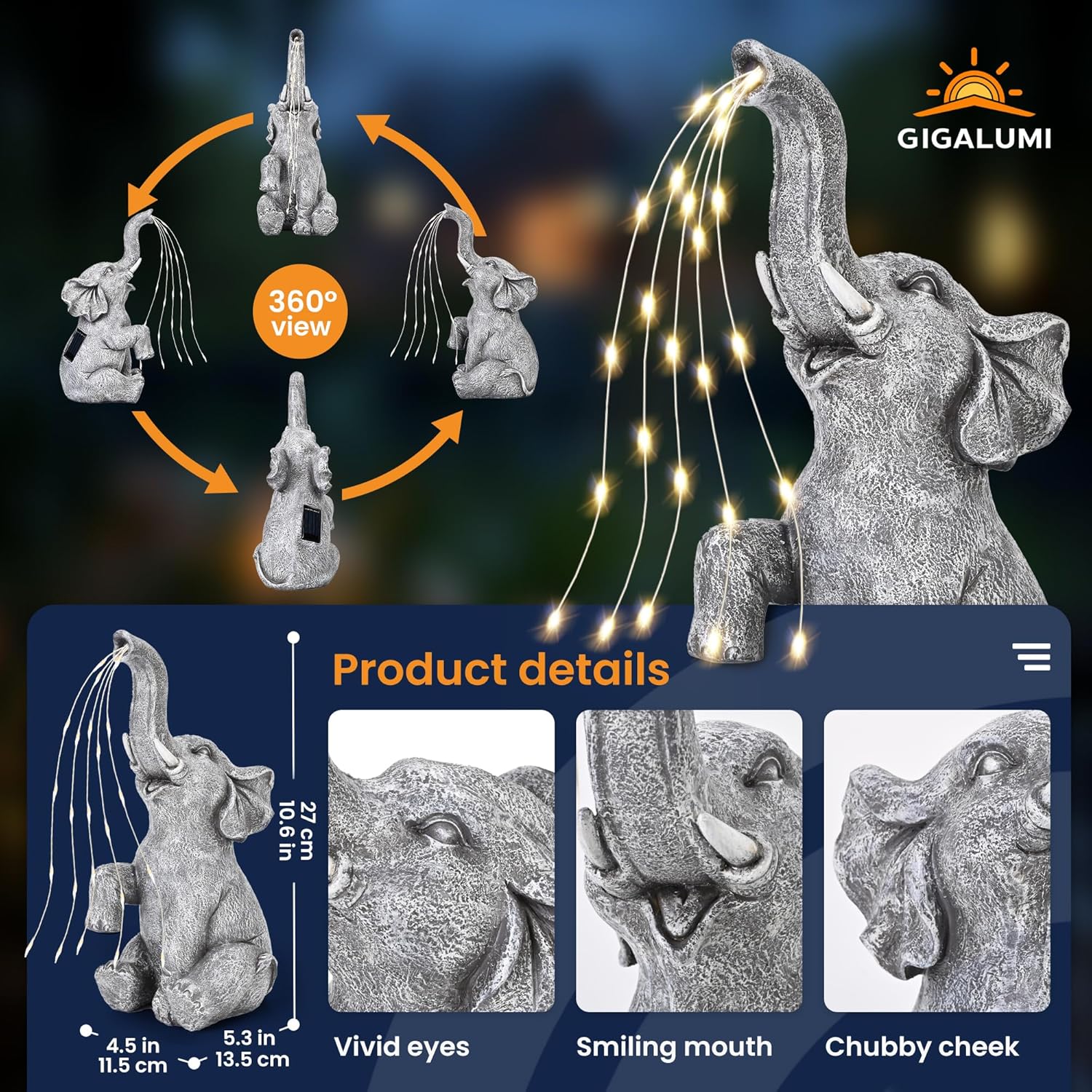 Statue Éléphant Solaire GuKKK - Décoration Jardin Avec Lumière LED 22x14,5x10 Cm