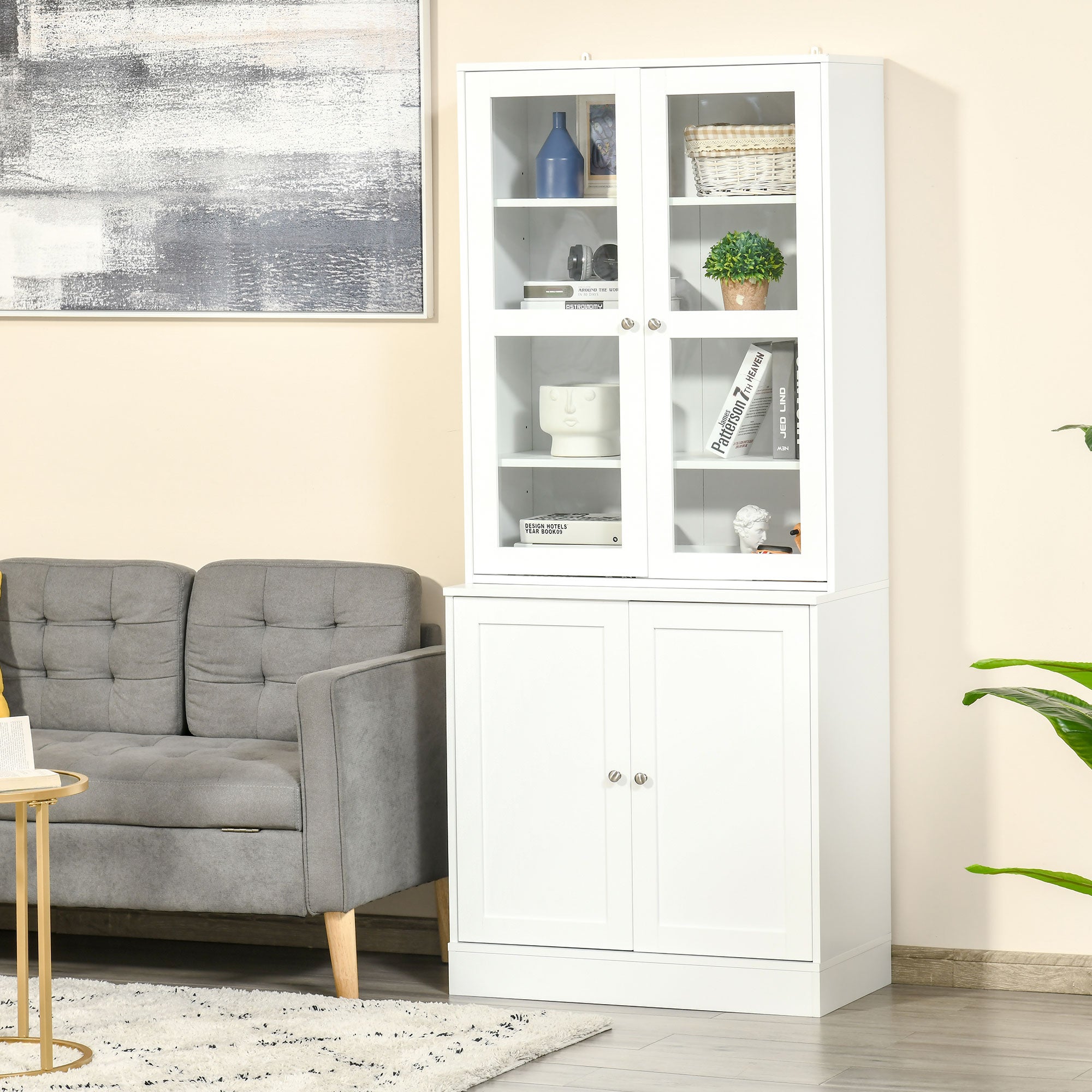 Bibliothèque vitrine, buffet salon, meuble de rangement avec 2 portes verre, 2 portes bois, 4 étagères réglables, pour salon, bureau, chambre, blanc - 3