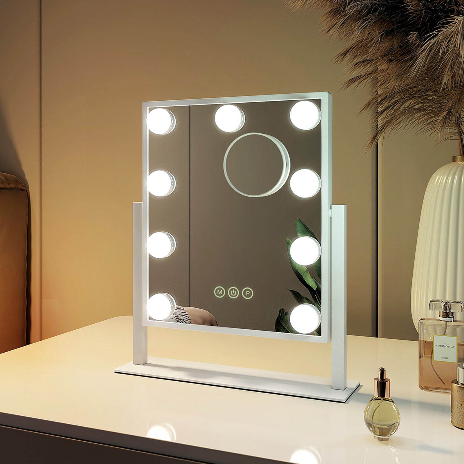 EMKE Lustro do makijażu z 9 LED, 3 kolory światła, powiększenie 7x, obracane o 360°, białe, 36x30,5x8,5 cm