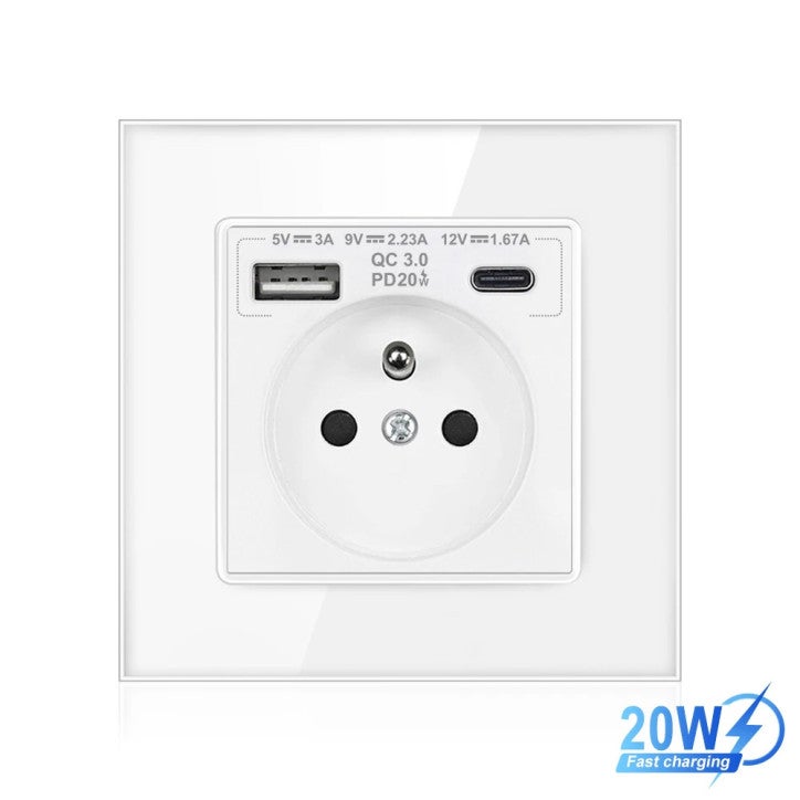 Toma de pared blanca empotrada – Vidrio brillante diseño – USB & USB-C ...