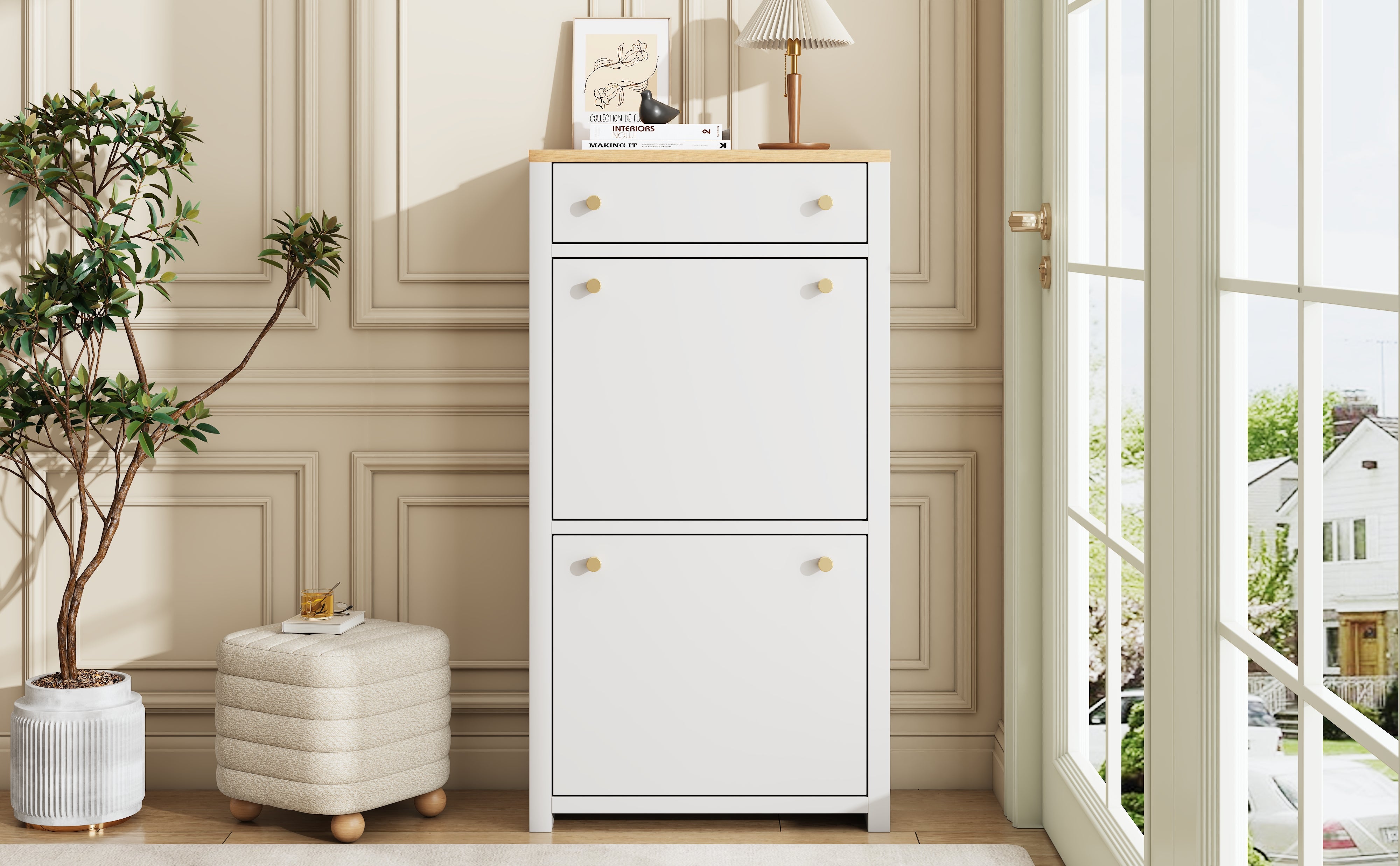 Szafka na buty z 2 drzwiami opuszczanymi, szufladą i regulowanymi półkami – MDF – 50 x 25 x 95 cm – imitacja białego drewna - 8