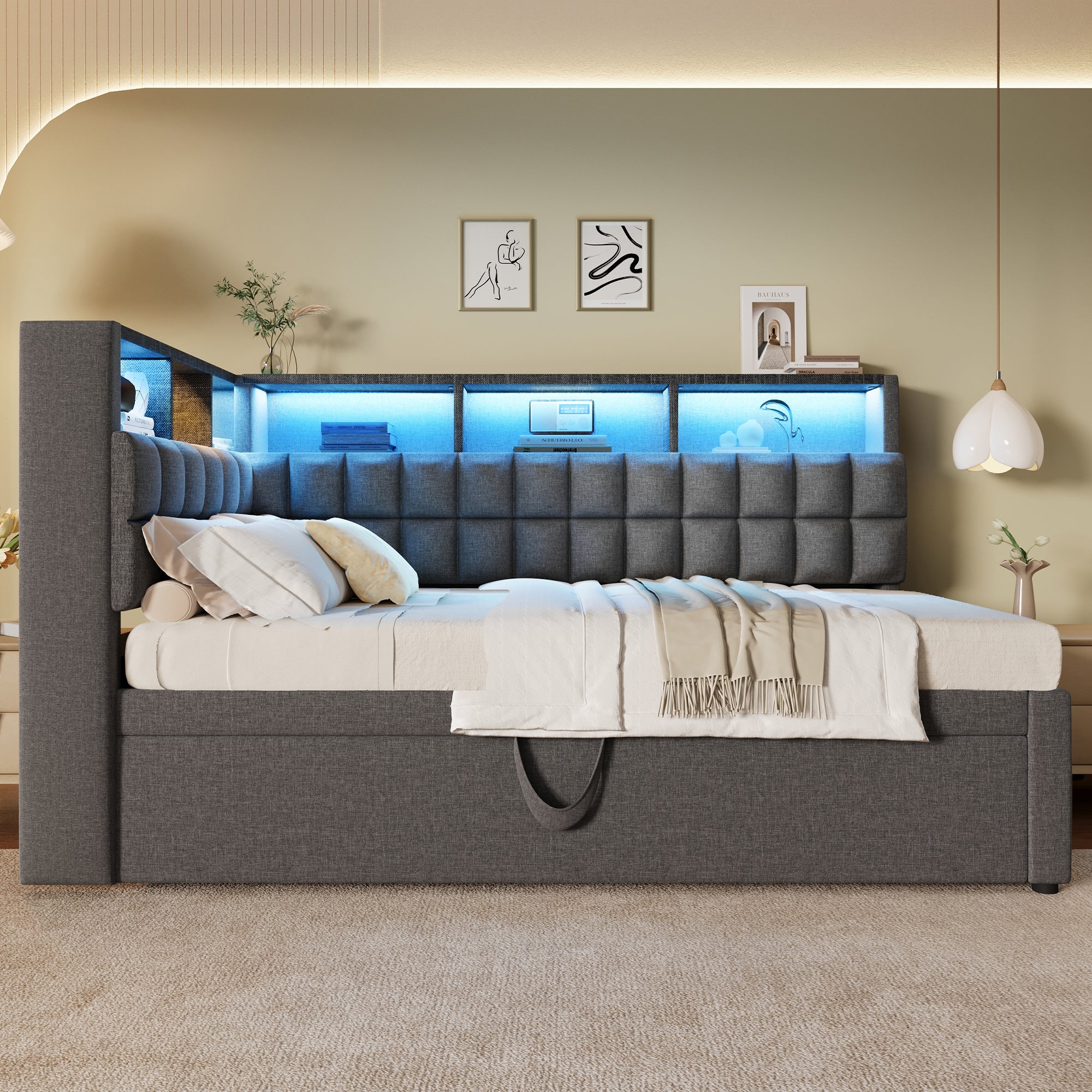 Lit rembourré 90x200cm,avec lit gigogne 90x190cm,Tête de lit en forme de L avec lumière LED et port USB,espace de rangement,Gris,Lin (sans matelas) - 4