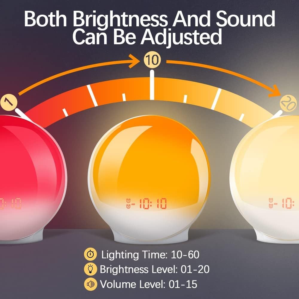 Lumière naturelle simulant le lever et le coucher du soleil, réveil électronique LED, lampe de chevet d'ambiance, veilleuse - 8