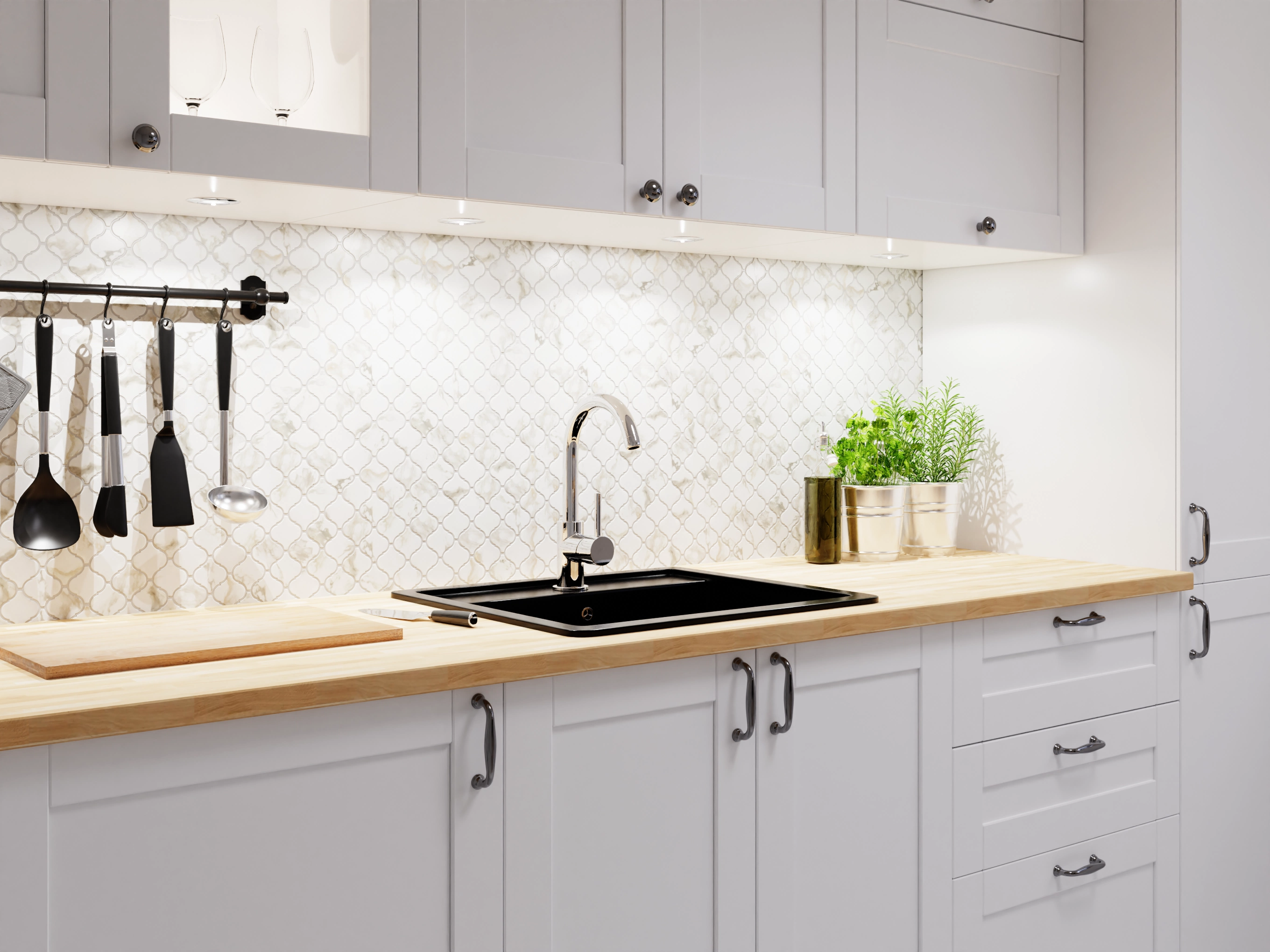 Mosaico in ceramica su rete per bagno o cucina 28.2 cm x 30 cm - Marble Arabesque - 3