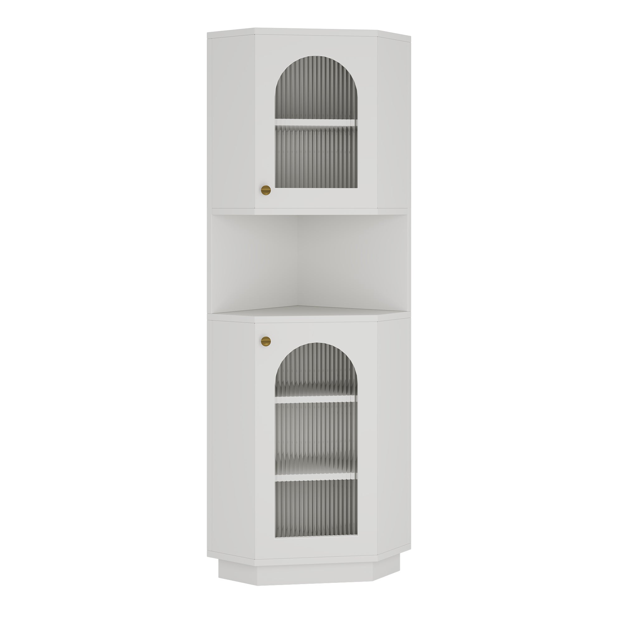 Narożna szafka łazienkowa z 2 drzwiami i 1 wnęką - 45 x 45 x 166,5 cm - Diody LED - Płyta MDF - Regulowane półki - Biała - 6