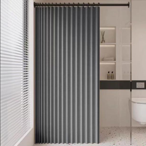 Składana magnetyczna zasłona prysznicowa 120 x 200 cm, lniana zasłona prysznicowa z metalowymi haczykami, wodoodporna, odpowiednia do hotelu, szara