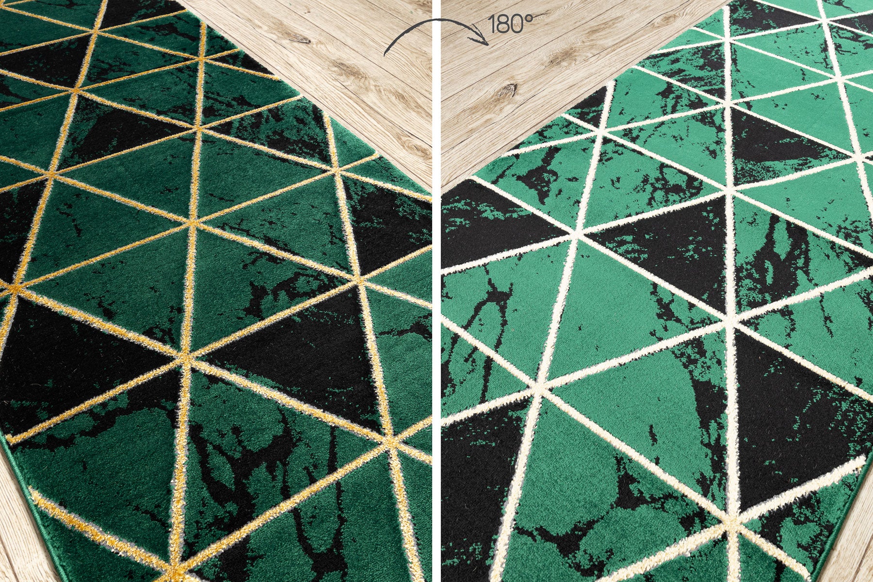 Passatoia EMERALD esclusivo 1020 glamour, elegante Marmo, triangoli verde bottiglia / oro 70 cm 70x380 cm - 3