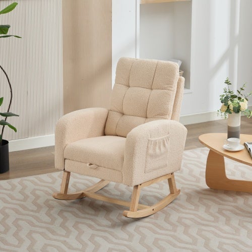 Fauteuil à Bascule 132x50 cm - Dossier Haut Ergonomique et Structure Bois Massif - Tissu Teddy Doux - Beige - 4