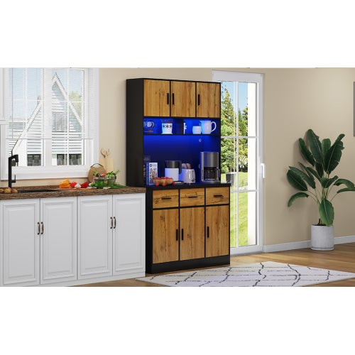 Buffet multifonctionnel 100x40x180cm avec éclairage LED avec télécommande, tiroirs, étagères réglables, idéal pour les cuisines et les salles à manger - 8
