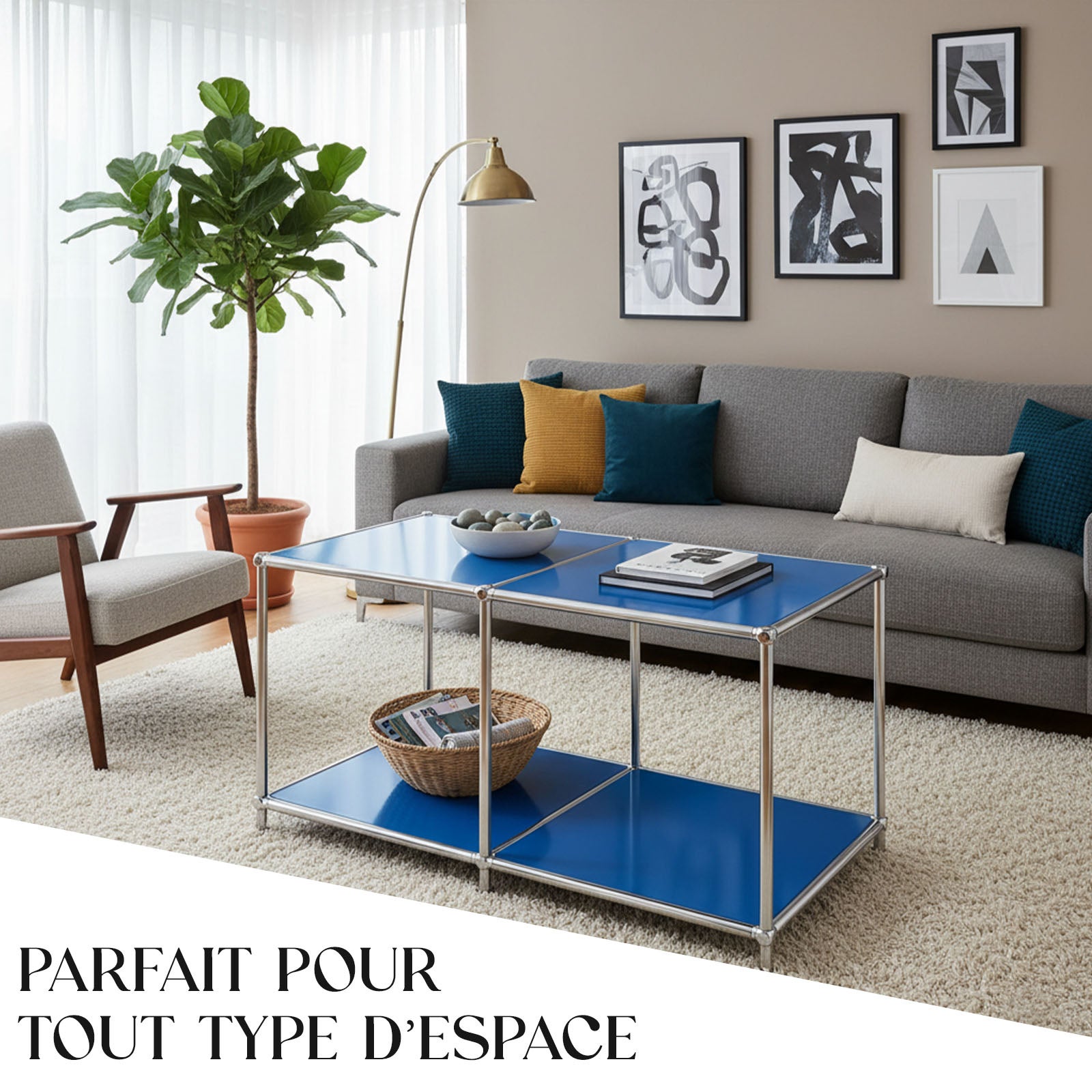 Étagère métal chromé design épuré, Concept Epuré MK-016, L78× P40 × H46 cm, Bleu - 7