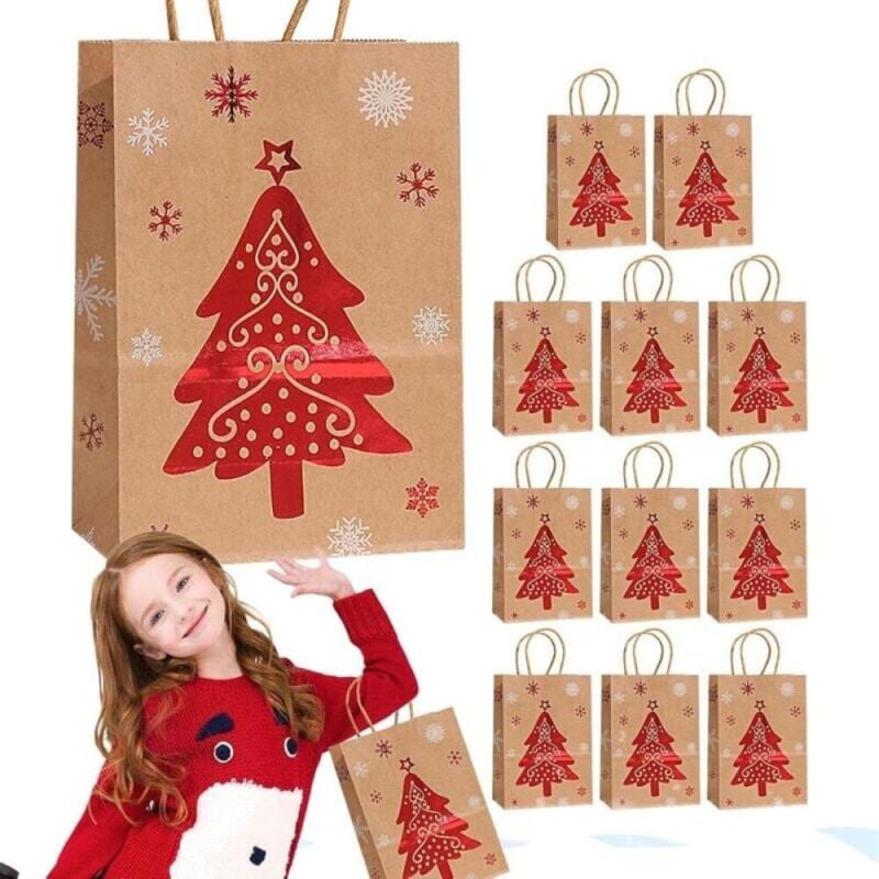 12 Sacchetti Regalo di Natale | Sacchetti Natalizi di Carta Kraft con Manico, Riutilizzabili | Sacchetti Regalo di Natale per Decorazioni Natalizie e Regali per Feste