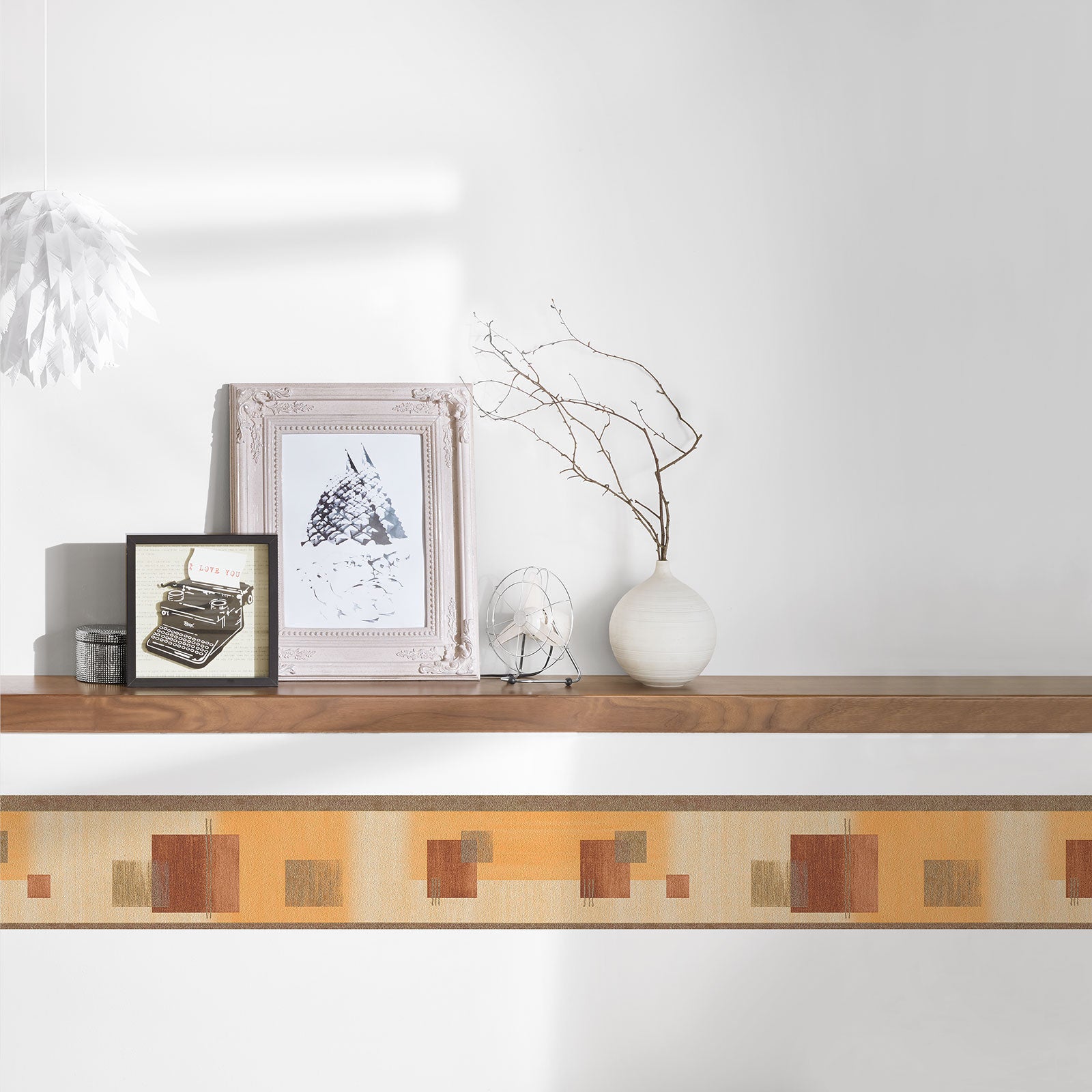 Cenefa geométrica con cuadrados y rectángulos cenefa naranja con dibujos marrones y grises cenefa retro para pasillo, dormitorio, sala de estar