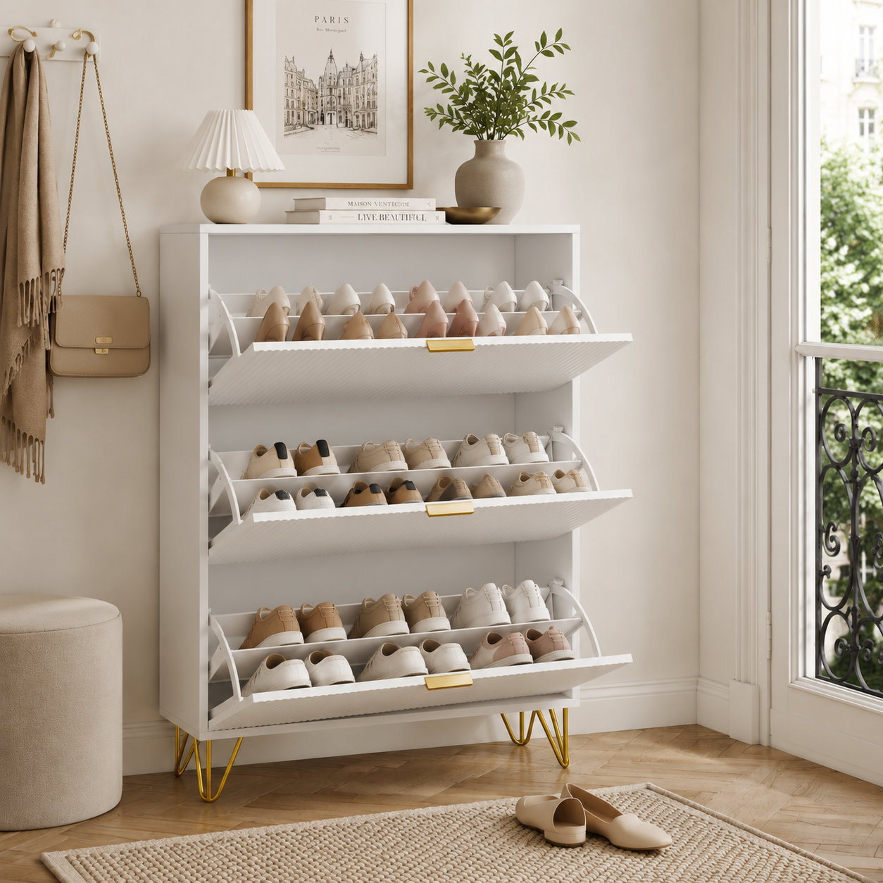 Meuble à Chaussures Entrée 16-24 Paires avec Pieds Métalliques Dorés, Armoire à Chaussures étroite avec 3 tiroirs rabattables, 80×24×118.5 cm, Blanc - 8