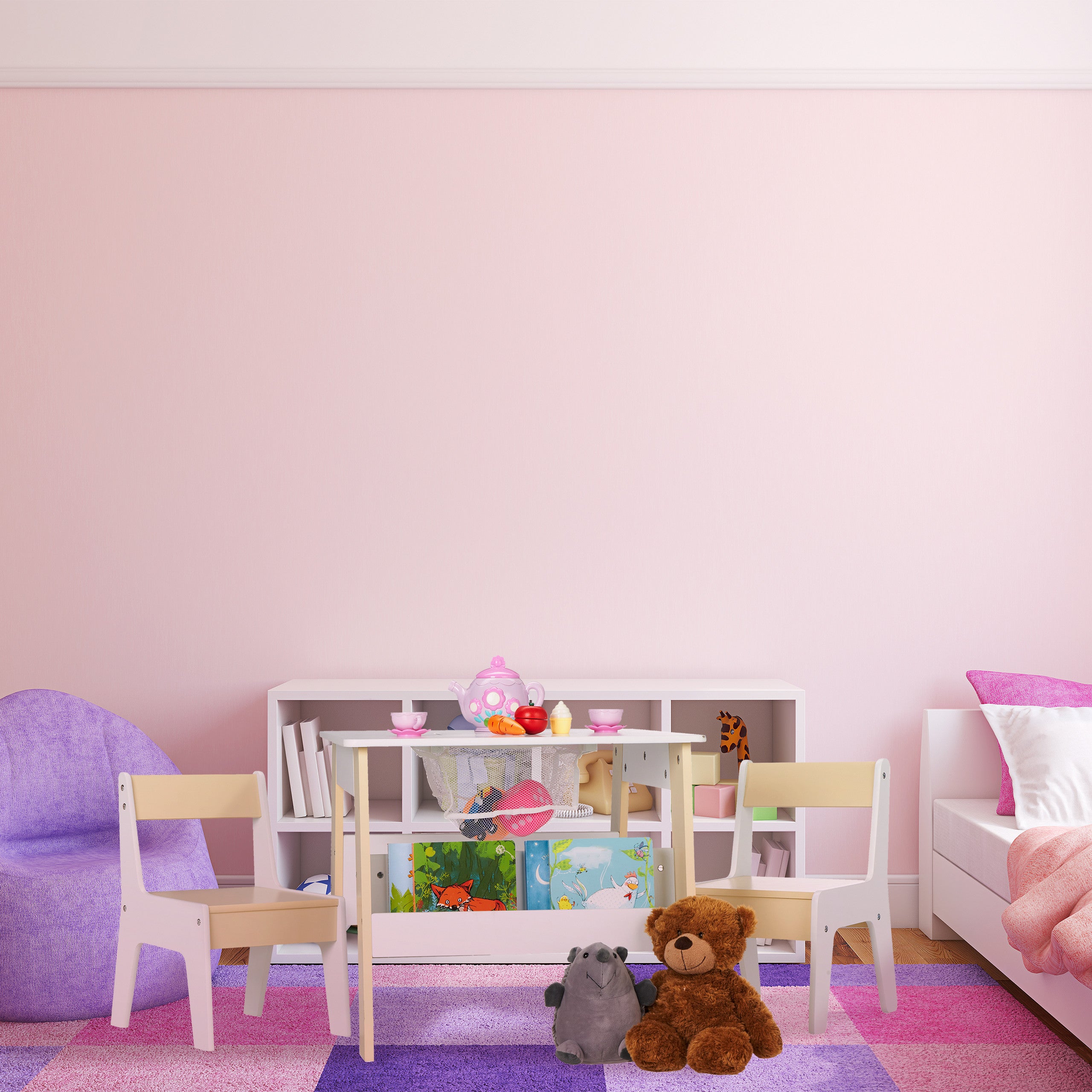 Ensemble mobilier enfants, table, 2 chaises, rangements, mixte, coin salon chambre d'enfant, blanc-beige, Relaxdays - 2
