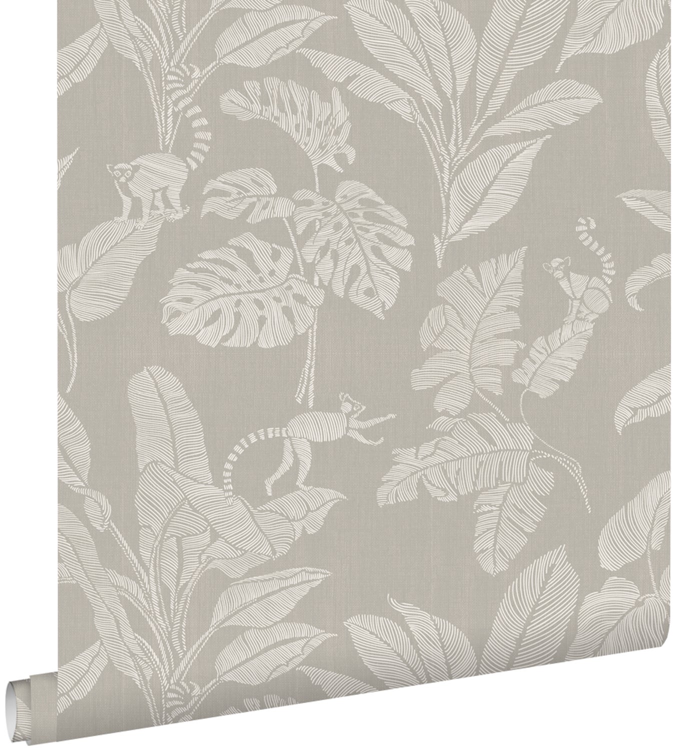 Tapeta małpy i liście dżungli ciepłej szarości - 50 x 900 cm - ESTAHOME