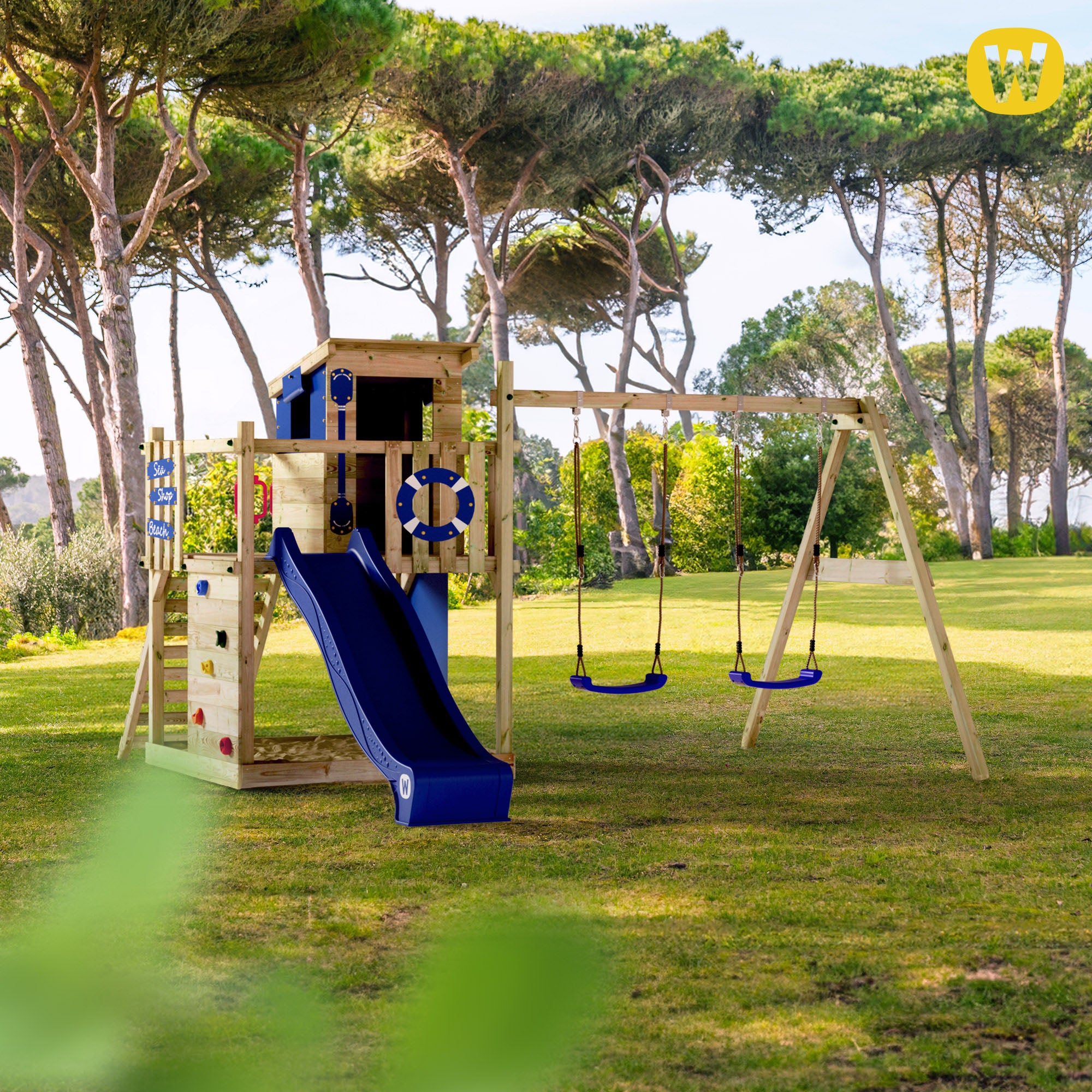 WICKEY Tour de jeux Smart Camp avec maisonnette, balançoire et toboggan bleu - 4