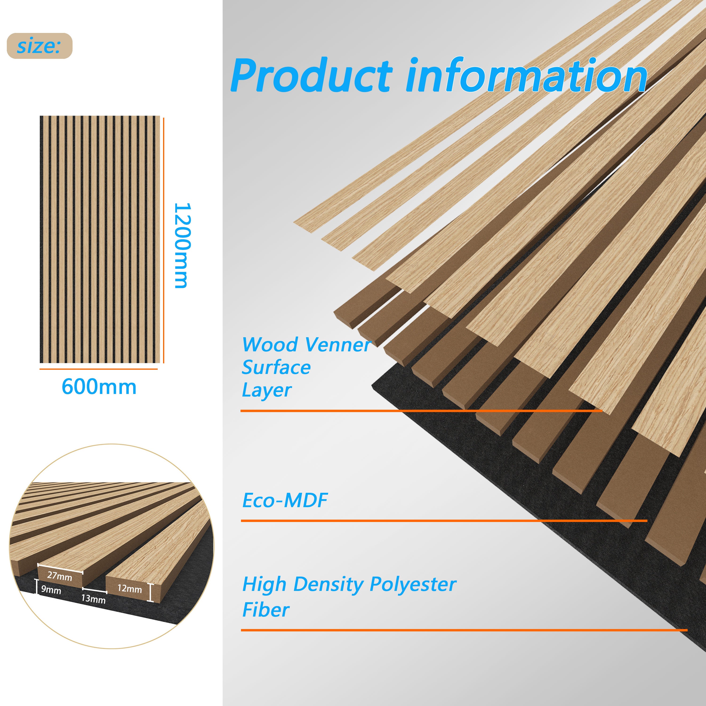 Lot de 2 panneaux muraux acoustiques décoratifs en bois MDF 120 x 60 cm, finition chêne clair, excellente isolation acoustique, installation simple - 3