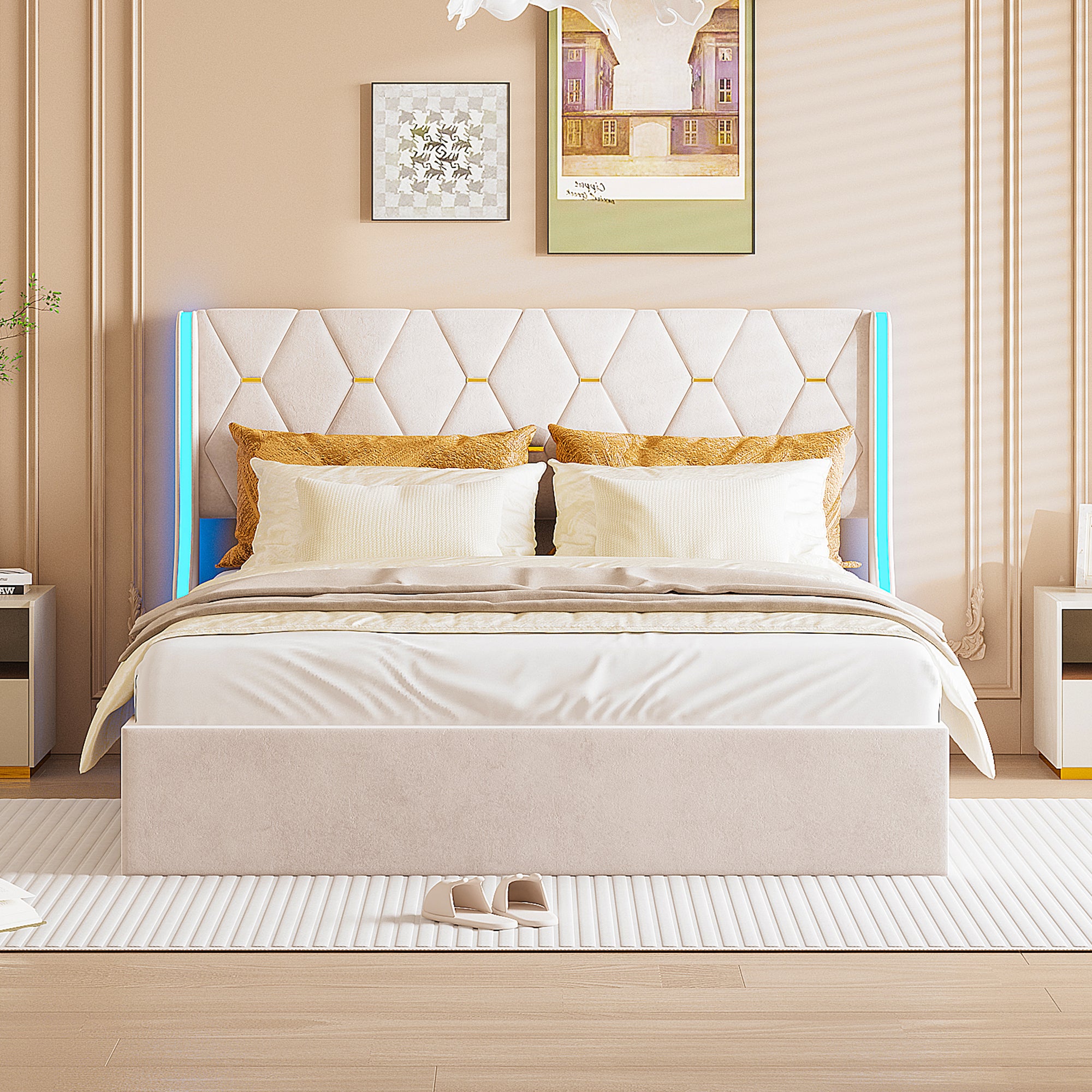 Cama Baúl 140x200 cm con Almacenamiento y LED, Cadre de Cama con Sommier de Listones, Tela de Velours - Color Beige - 3