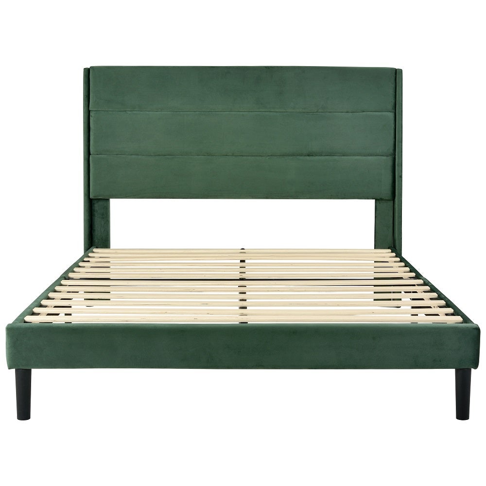 Lit adulte Lit simple capitonné en velours 140 x 200 cm - avec sommier à lattes et tête de lit, lit adulte style scandinave - Vert Lit rembourré - 3