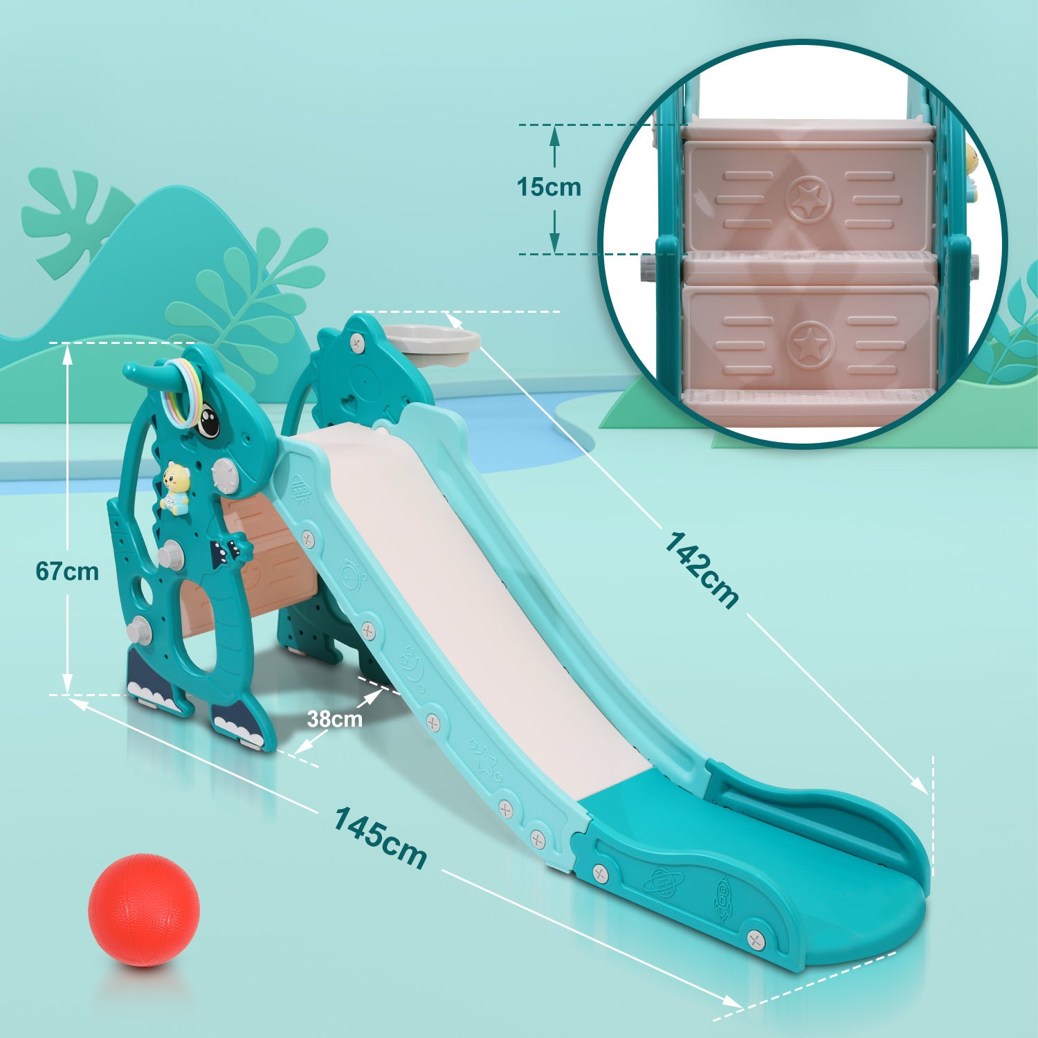 Escorrega para crianças bebé 145 cm escorrega de jardim 4 em 1 escorrega basquetebol verde - 2