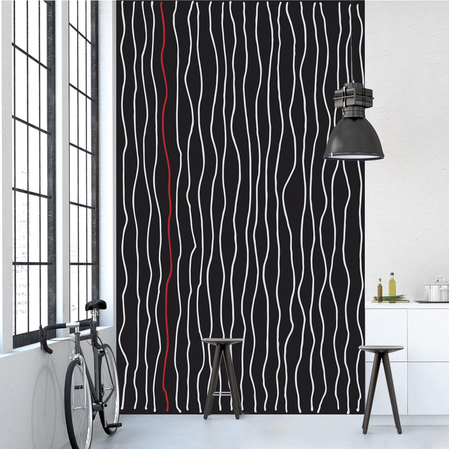 Papelera panorámica asegurada, patrones de ondas verticales blancas, con ondas rojas sobre un fondo negro, 250 cm x 150 cm