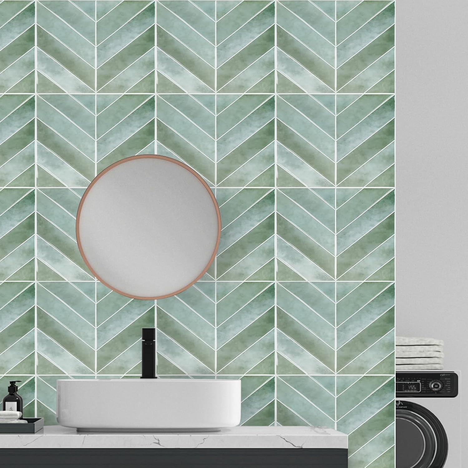 Crédence Carrelage 3D Losange Vert - Lot de 5 Plaques Adhésives Étanches en Forme de Diamant, Style Contemporain - 6