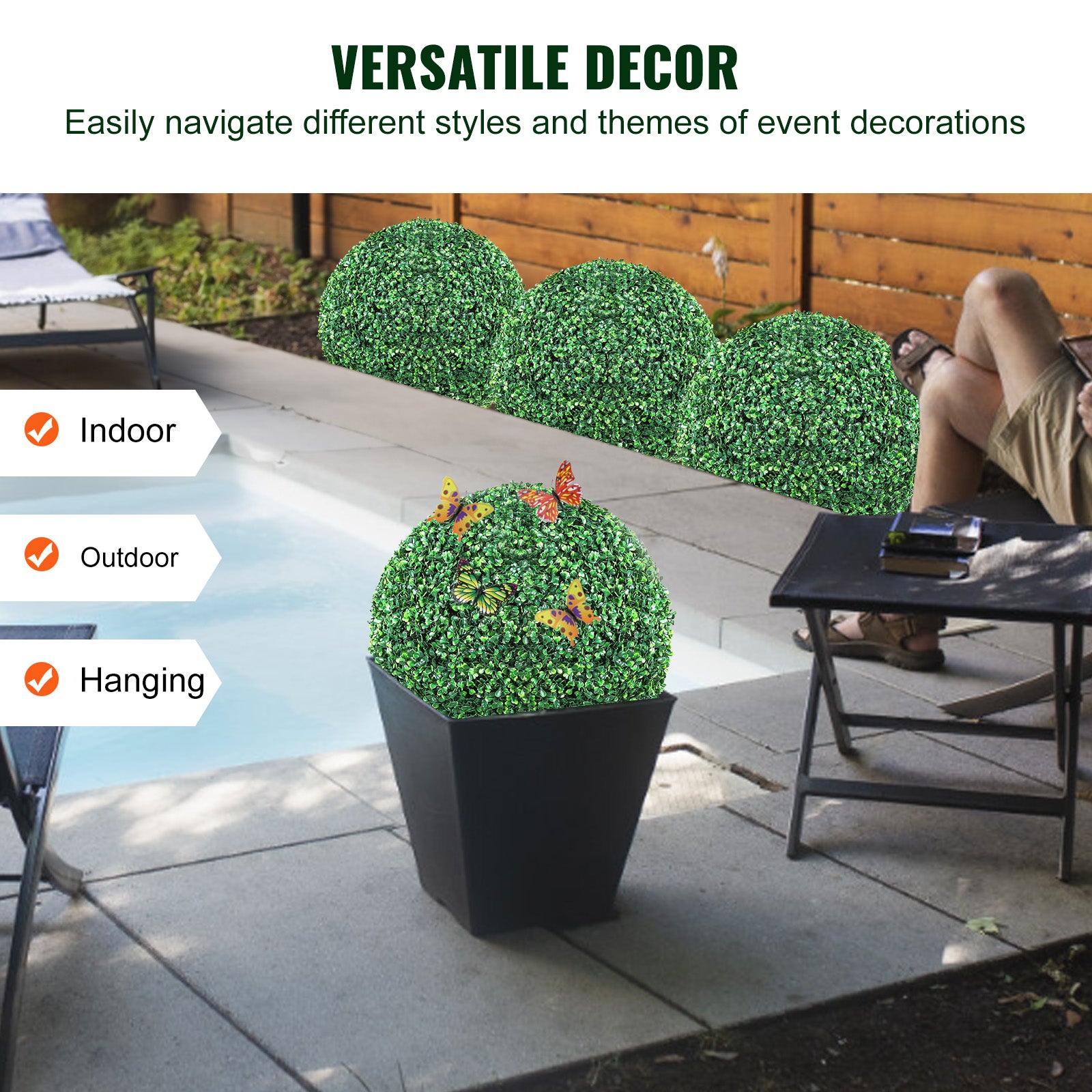 Buis Topiaire Artificiel VEVOR 406 mm Boule de Buis Artificiel Exterieur 2 Fausses Plantes PE 10 Feuilles Remplacables 4 Papillons Decoratifs pour Dec - 6