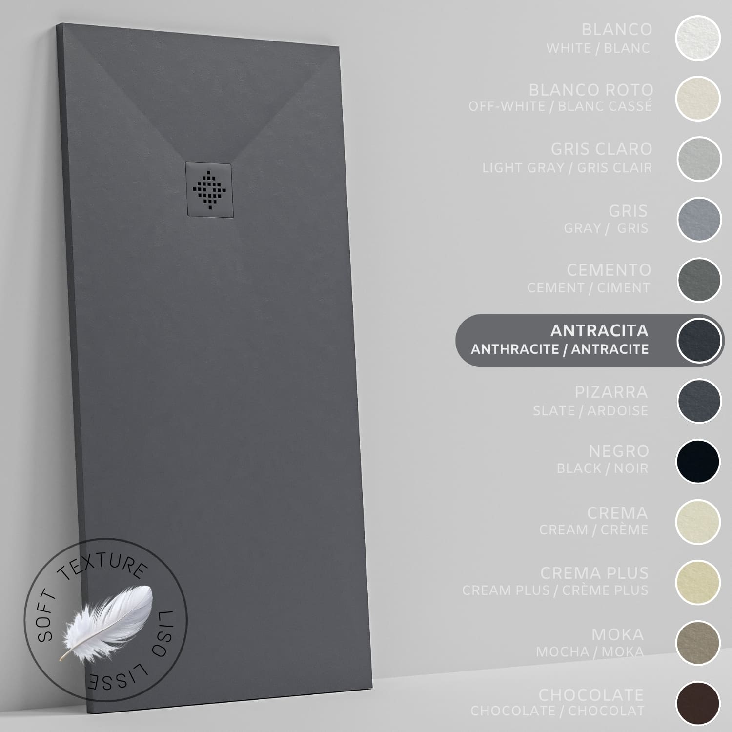 Plato de ducha - resina - gel coat - textura liso seda - antideslizante - color antracita - 90x90- extraplano 3cm. rejilla mismo color