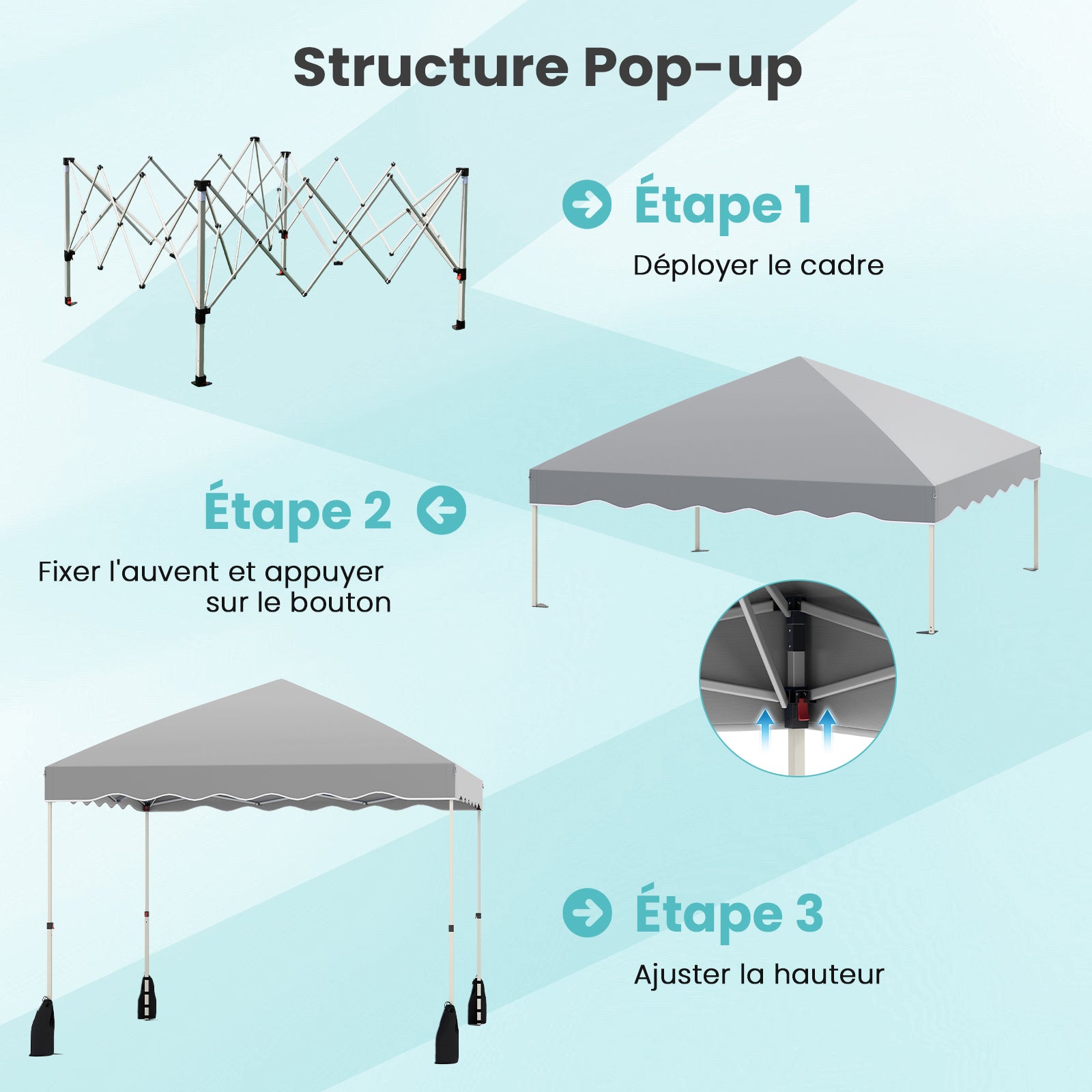 Carpa Plegable 3x3 m Impermeable, Cenador Jardin con Bolsa de Transporte sobre Ruedas, Altura Ajustable, Pergola Exterior con 4 Sacos de Arena (Gris) - 5