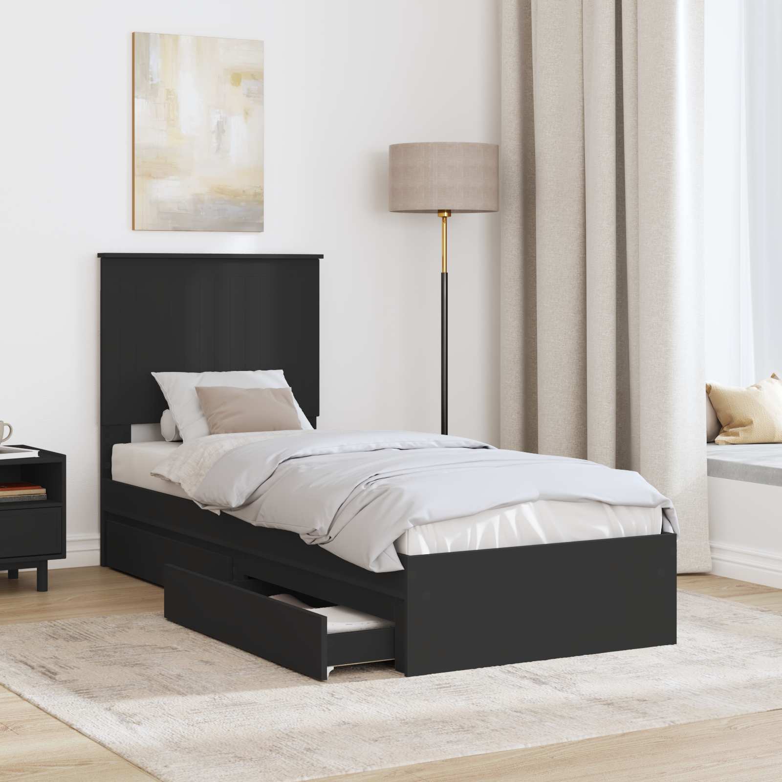 Lit de rangement avec tiroir noir 75 x 190 cm panneau de bois - 3