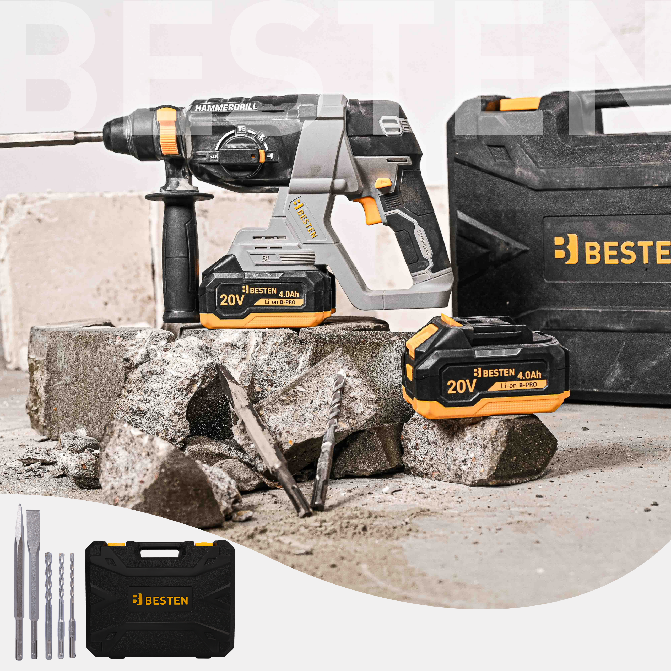 Młotowiertarka akumulatorowa SDS+ BESTEN BE0002904 20V 2J – do betonu, bezszczotkowa, 2x 4.0Ah, walizka - 8
