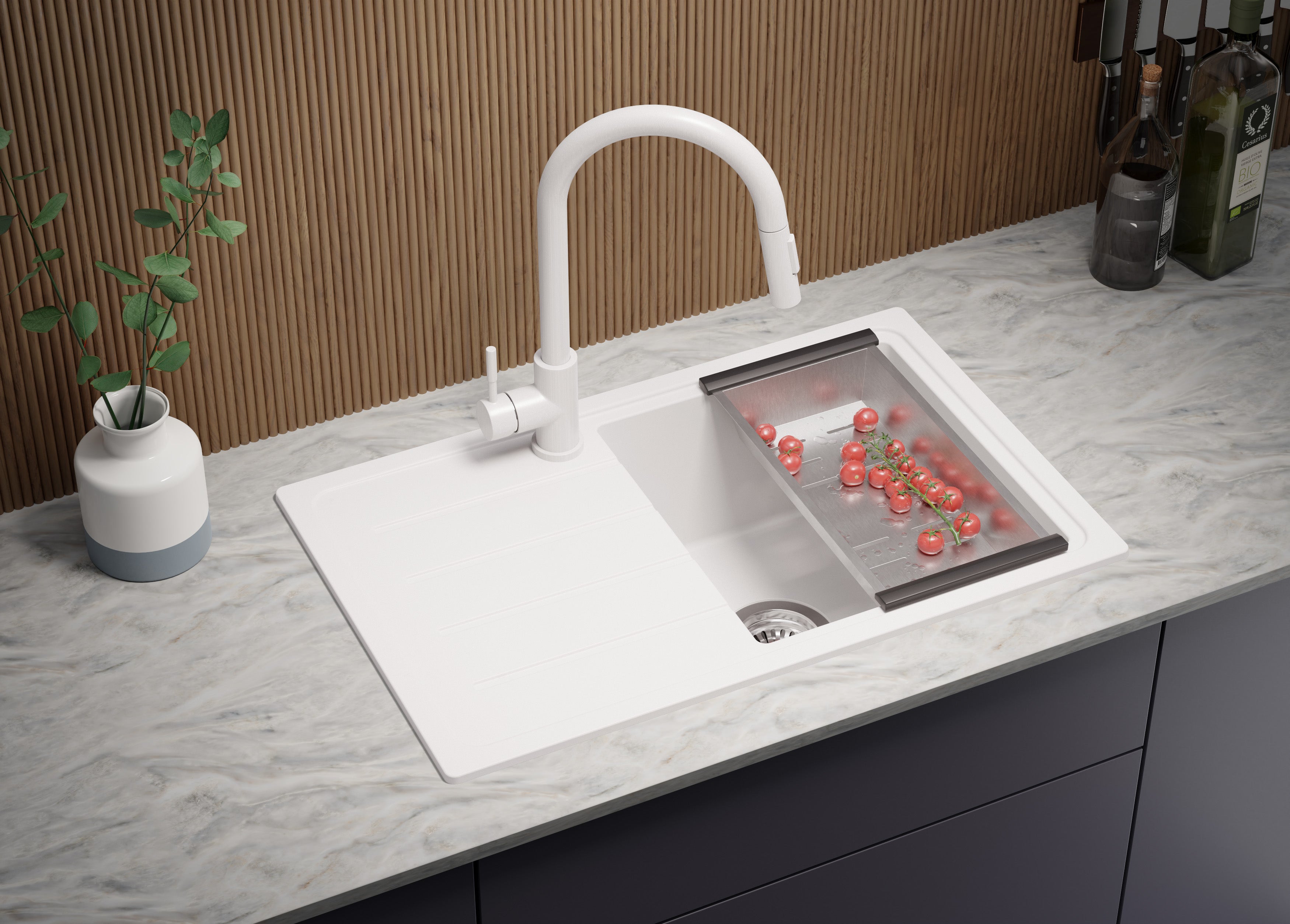 Evier Cuisine en Granit Blanc 70x44cm, Lavabo 1 bac + Kit de Vidage, Évier à Encastrer au meuble 45cm - Copenhague Easy PRIMAGRAN - 3