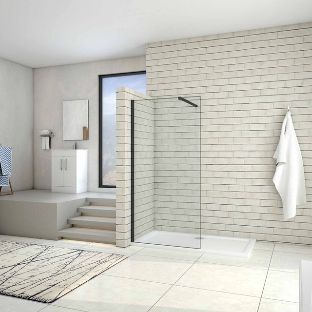 AICA Walkin Mampara Panel de ducha de una hoja Vidrio Antical de 8mm con una Barra ajustable 73-120cm Perfil Negro Mate Tamaño (138-140)x200cm