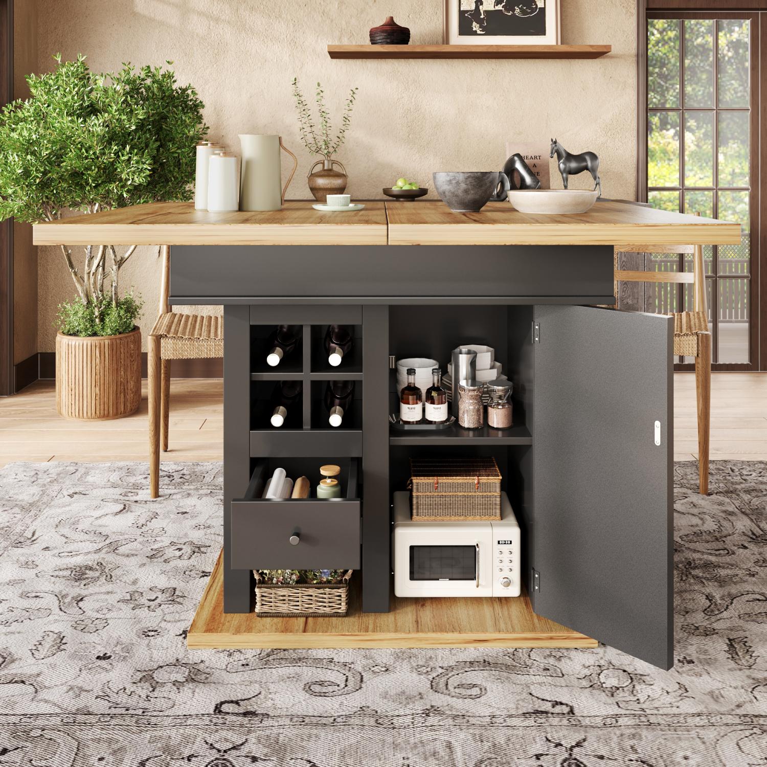 Rozkładany stół 110-140×80 cm dla 4-6 osób z szufladami, miejscem do przechowywania i stojakiem na butelki