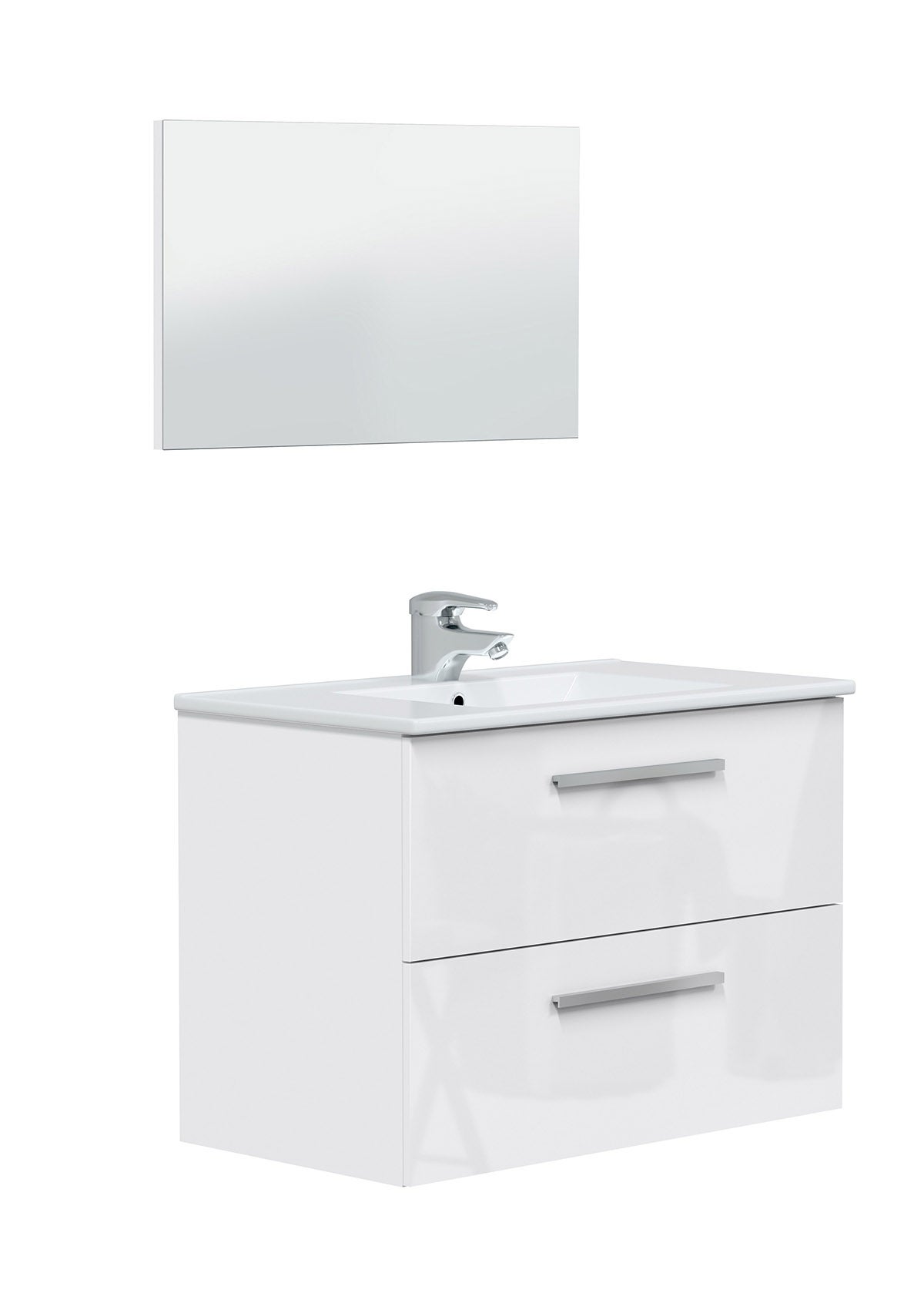 Meuble sous vasque de salle de bain Suspendu 80 cm avec 2 tiroirs + Miroir - Hauteur 57 x Longueur 80 x Profondeur 45 cm - 2