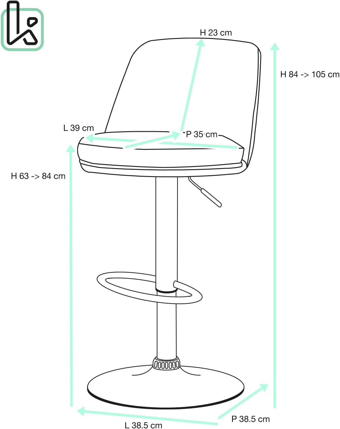 Lot de 2 tabourets de bar, assise ronde, haut dossier, réglable, pivotant rif (noir) - 5