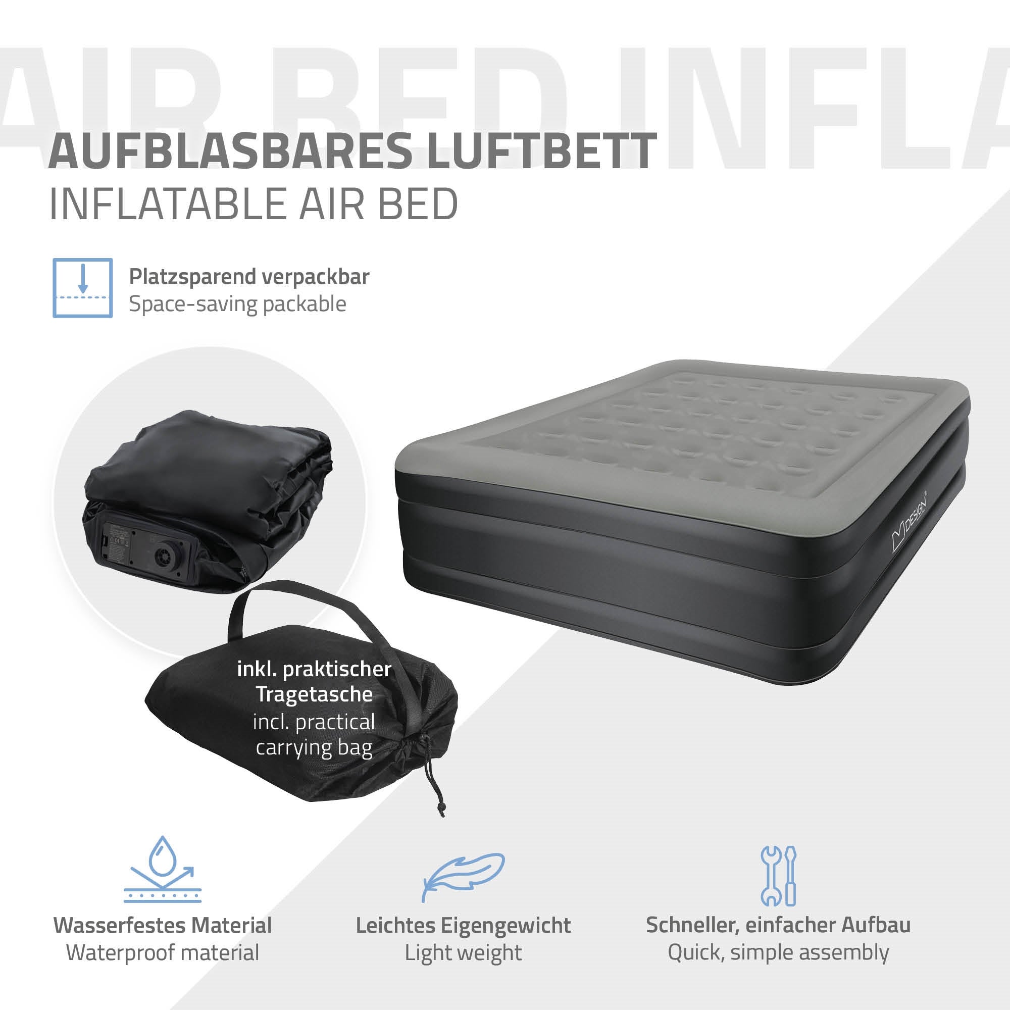 Matelas pneumatique 2 personnes 203 x 157 x 47 cm gris autogonflant avec pompe à air électrique et sac de transport imperméable fond antidérapant - 6