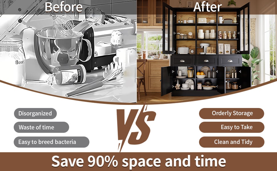 Buffet de cuisine avec 5 portes, 3 tiroirs et étagères de rangement, vitrine - 140 x 38.5 x 175 cm - MDF - Noir + naturel - 9