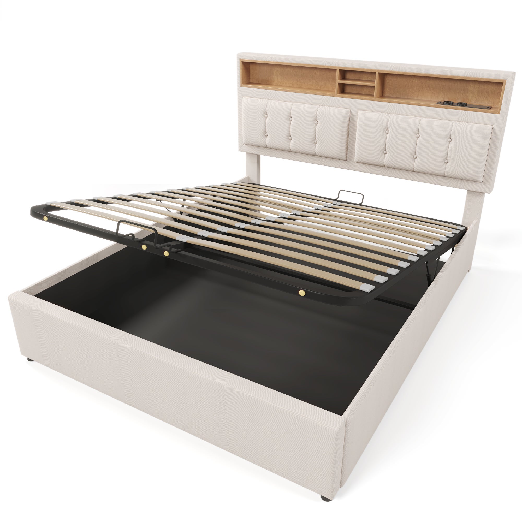 Lit coffre 160 x 200 cm avec tête de lit rangement - USB - tissu en lin - beige - 5
